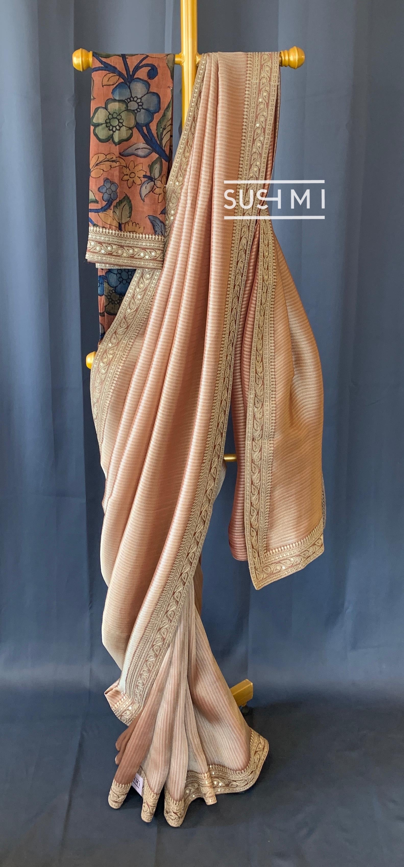 Rust Orange  Banarasi tonchoi with pen kalamkari Blouse : D62F021