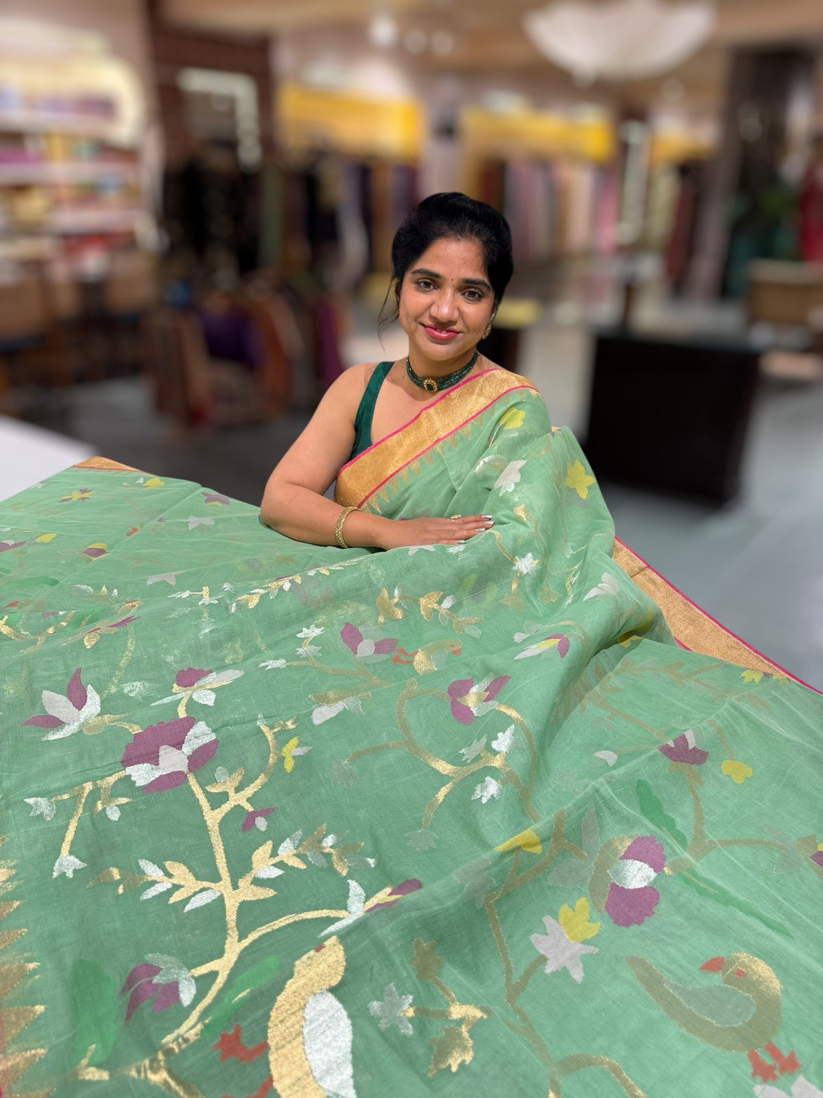 Light Apple Green Ponduru Khadi Jamdani Allover Meenkari Weaving Saree