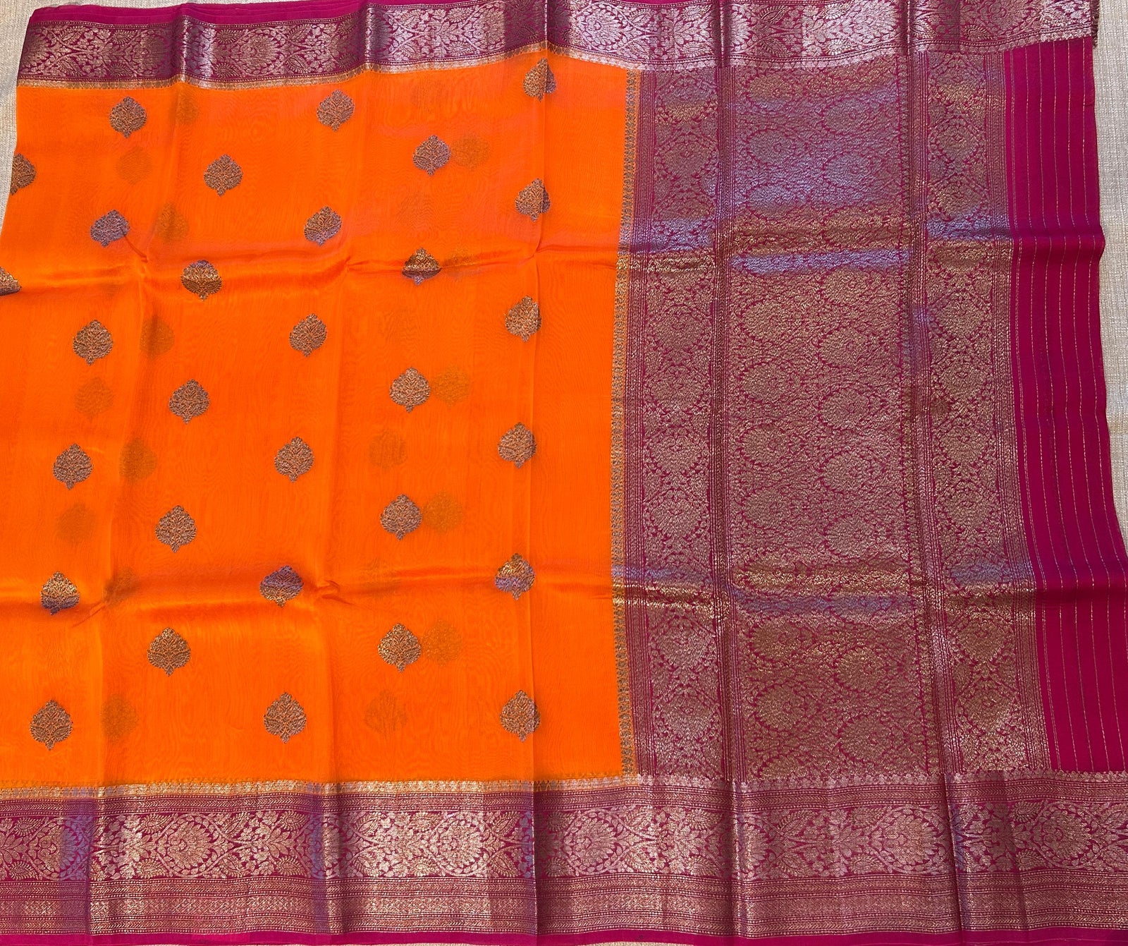 Orange and pink Combo Pure Handloom premium Kora Banarasi Saree