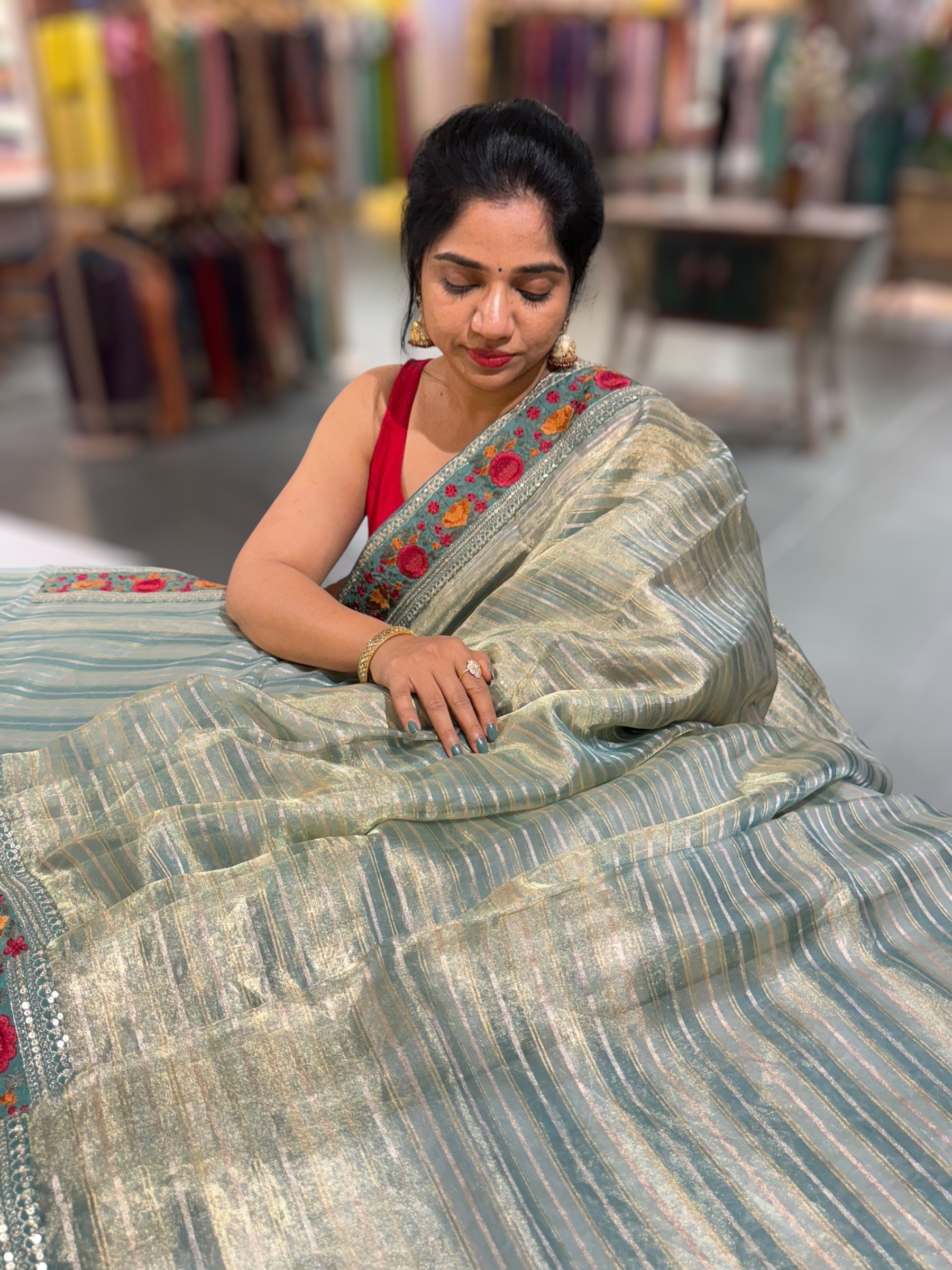 Sage Green Kora Tissue Stripes Saree with Sabhyasachi Style Embroidered Borders & Blouse