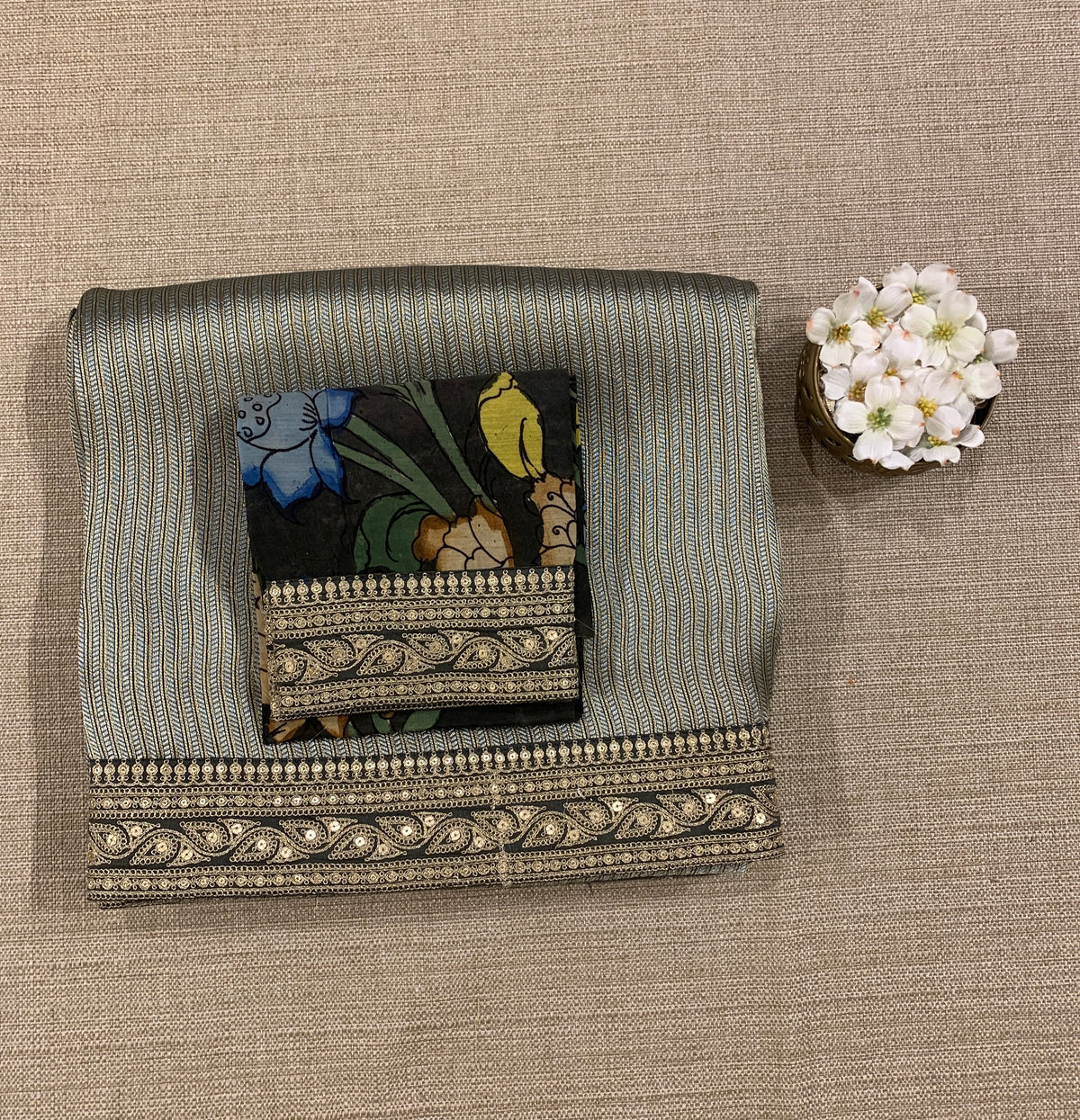 Elephant Grey Banarasi tonchoi with pen kalamkari Blouses