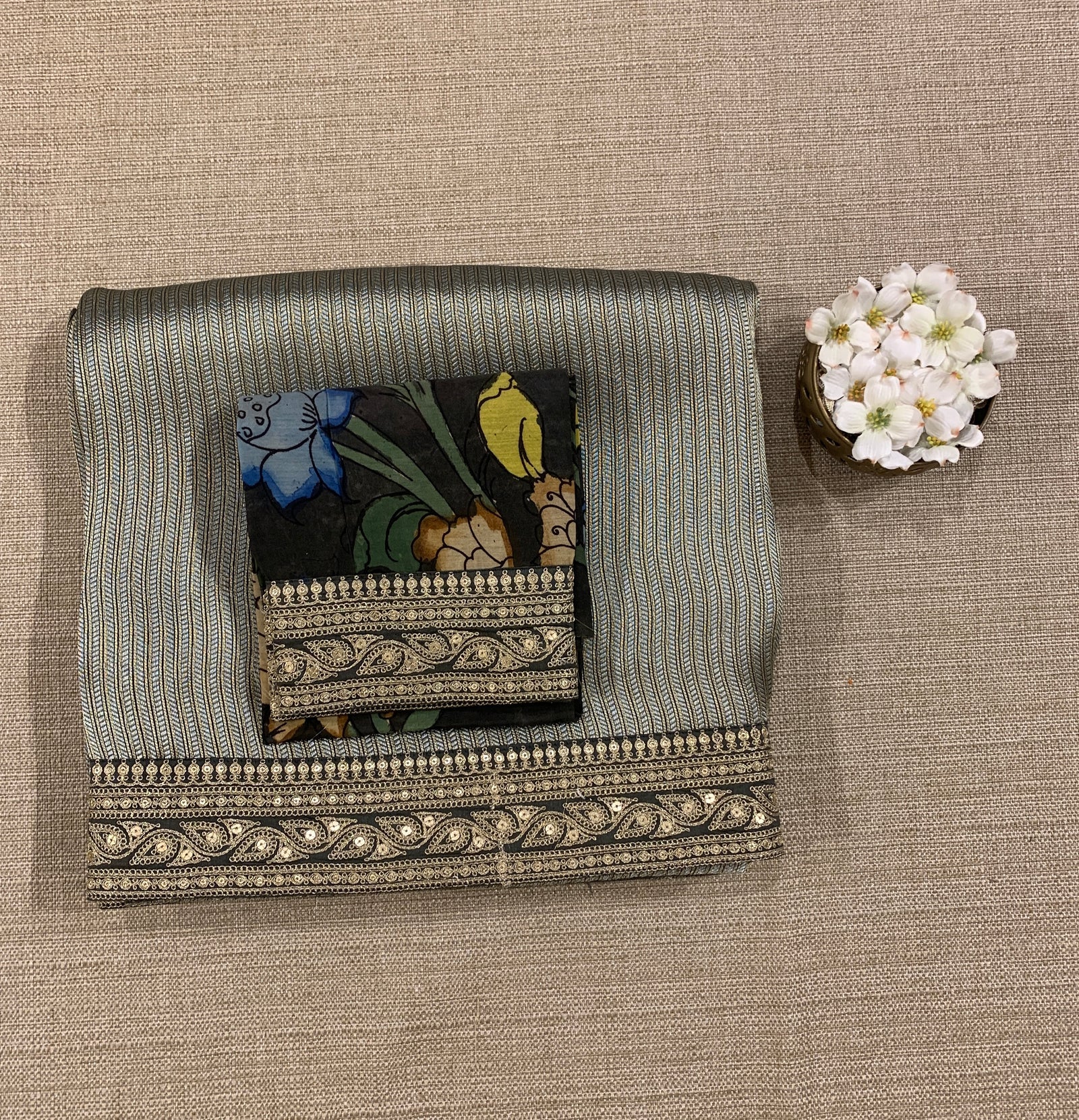 Elephant Grey Banarasi tonchoi with pen kalamkari Blouses