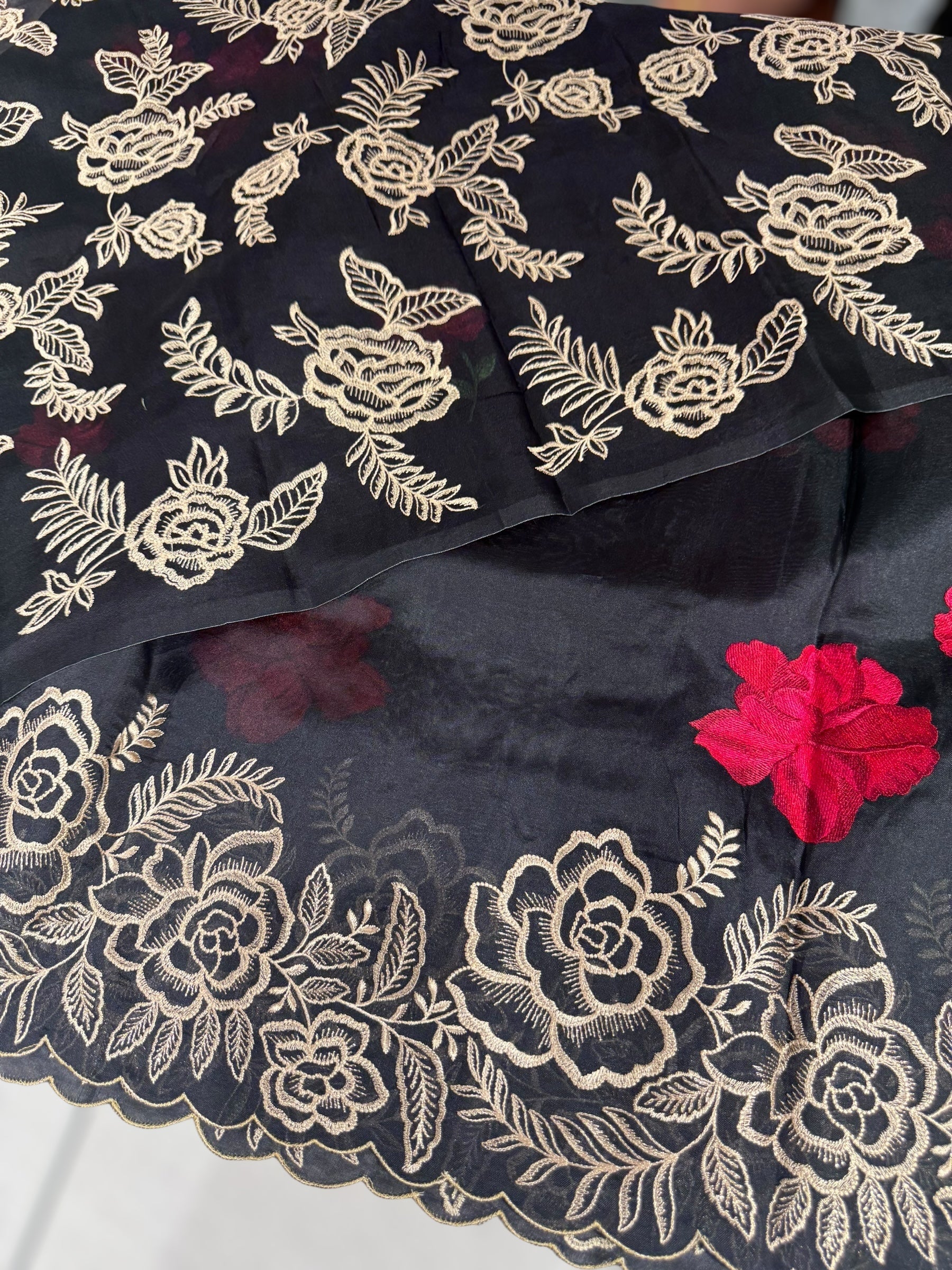 Black Organza Saree with stunning outline floral embroidered cytwork border and red hibuscus flowers allover