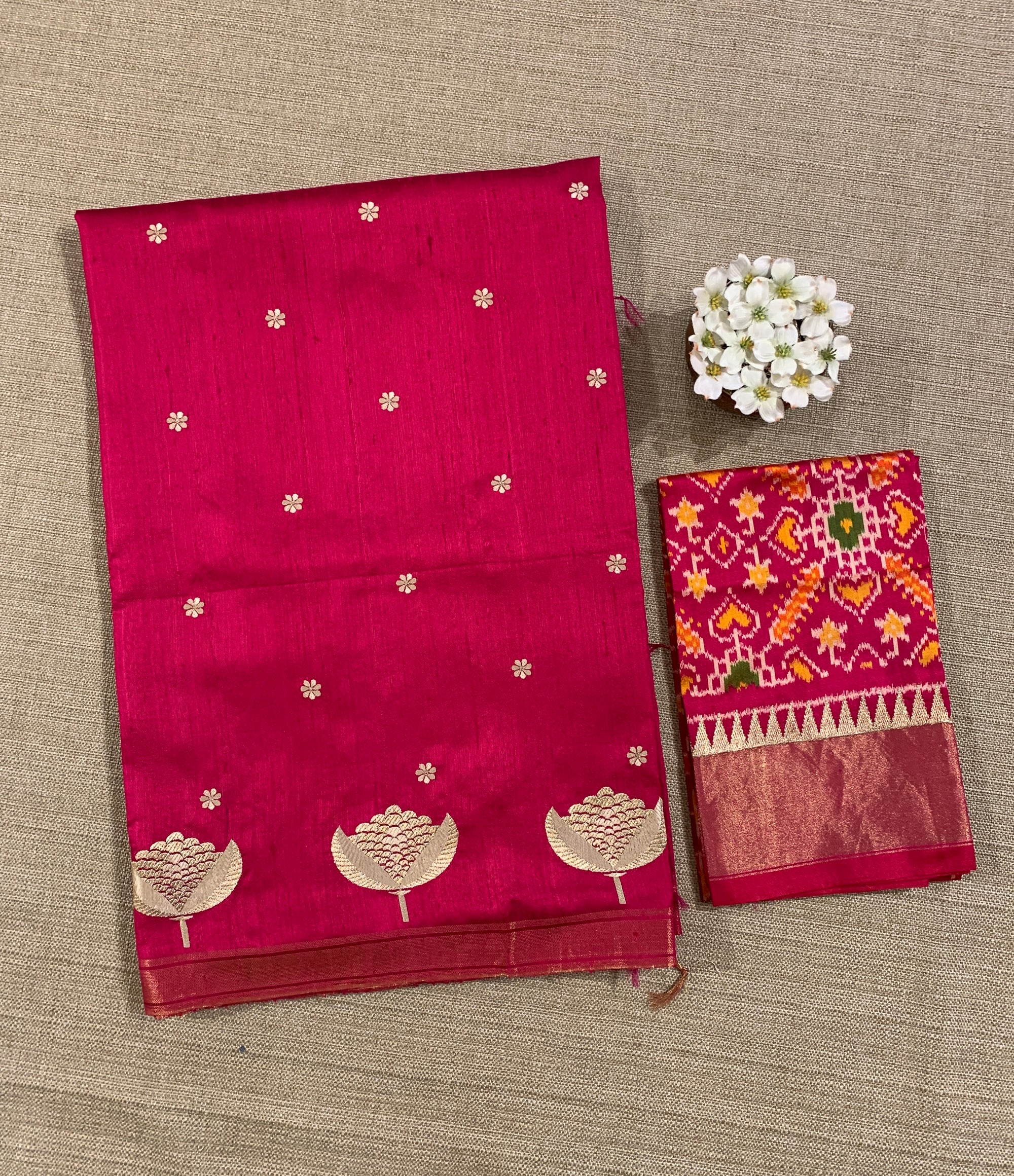 Dark Pink Pure Handloom Raw Silks Saree