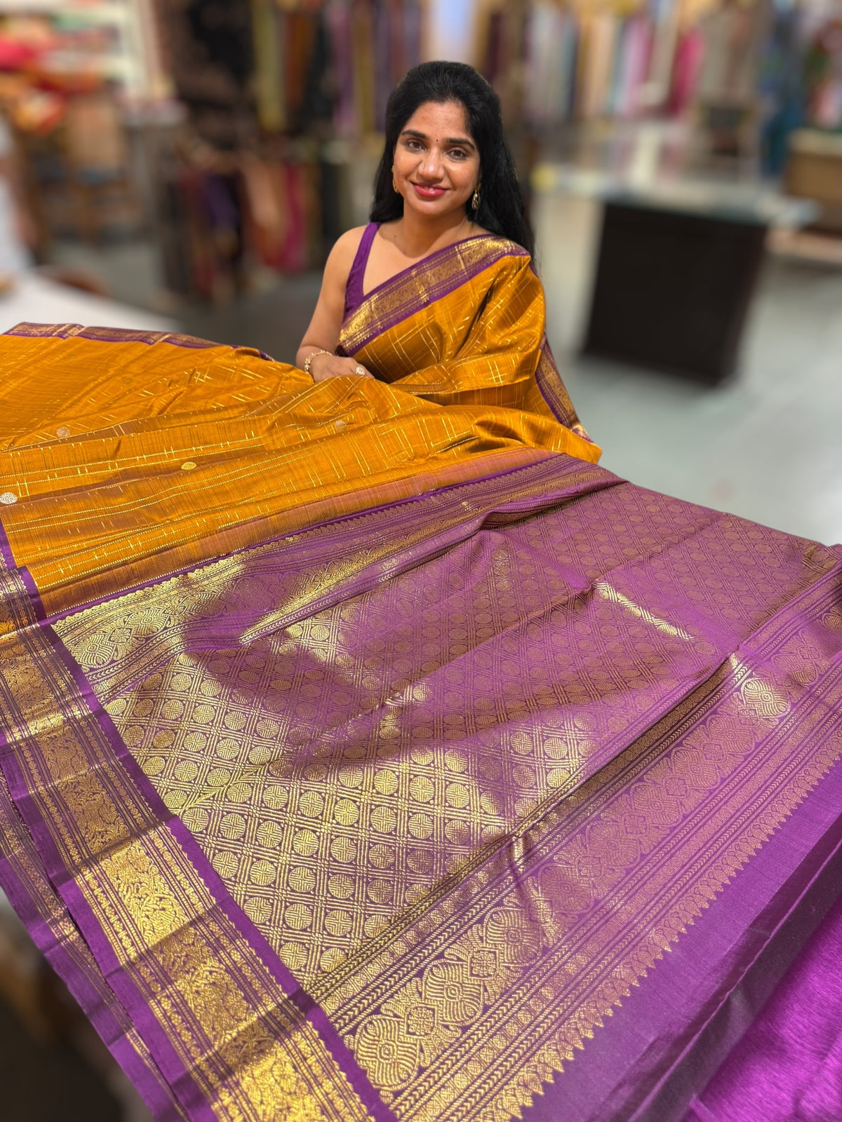 Mustard and purple Combo Kanchi Vintage Checks Saree