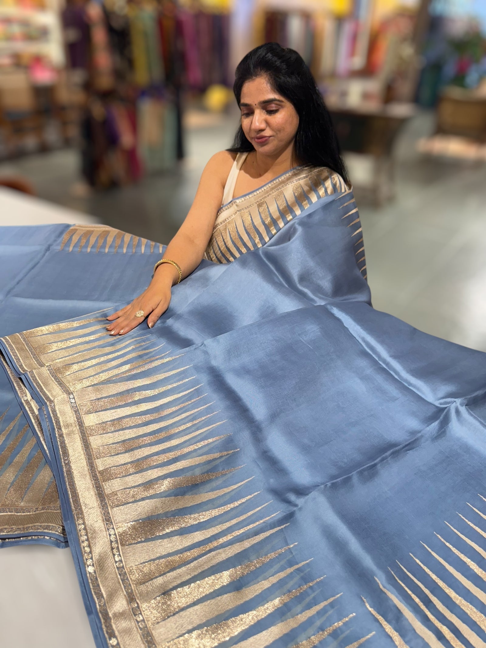 Greysih Blue Pure Organza With Temple Embroidered Border & Tussar Printed Blouse