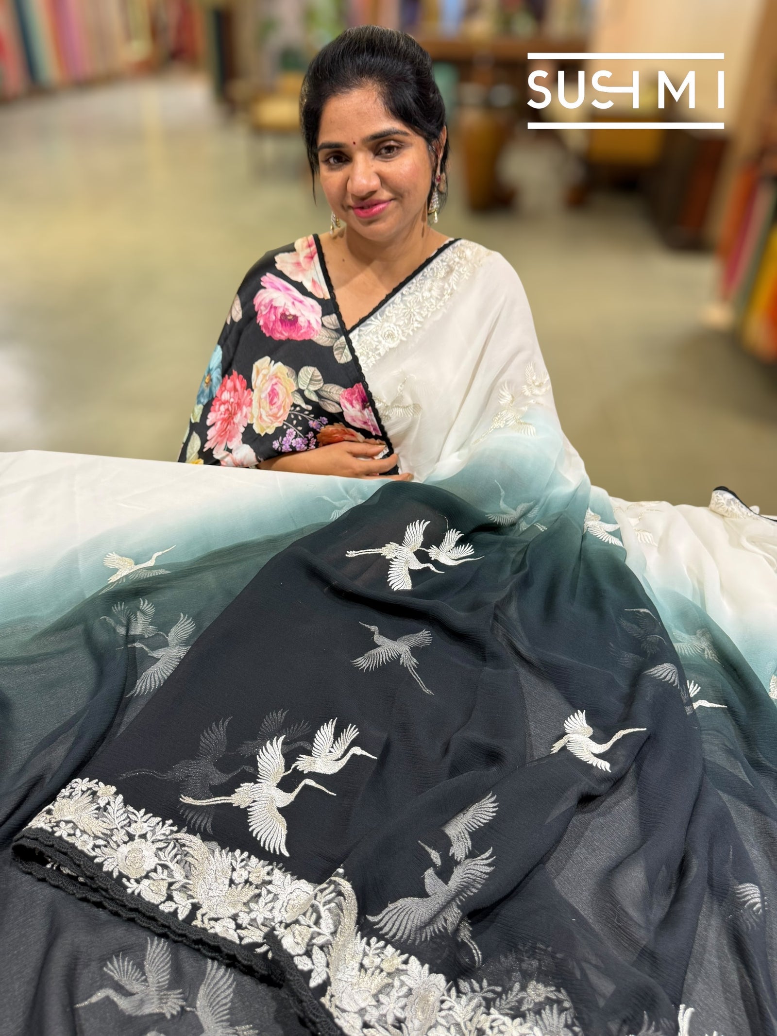 Black Ombre dyed chiffon saree with parsigara embroidery : S62F071