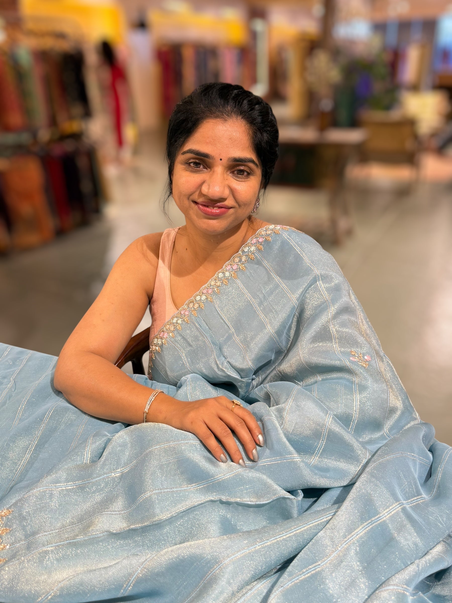 Tissue Gorgette Saree With Handwork Border and Blouse.