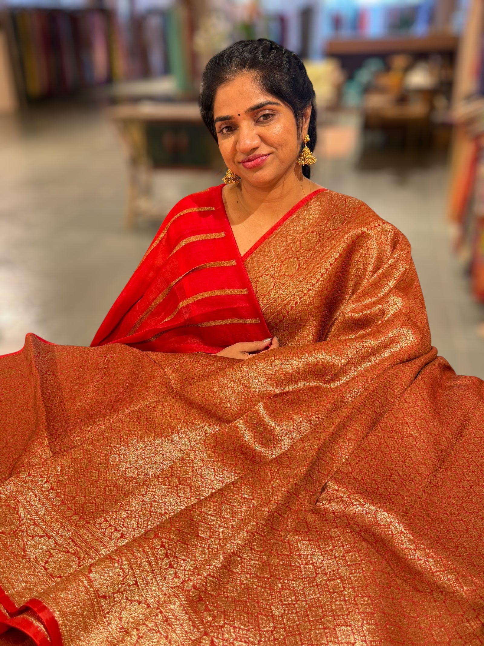 Dark Red Kora Brocade Tonchui weaving Saree