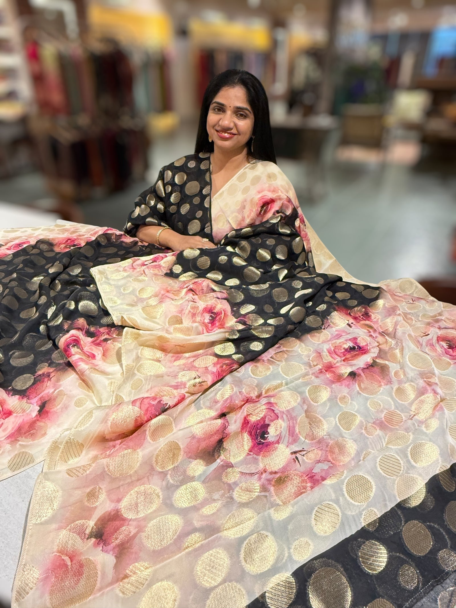 Black Banarasi Kora Gorgette Polka dot Printed Saree