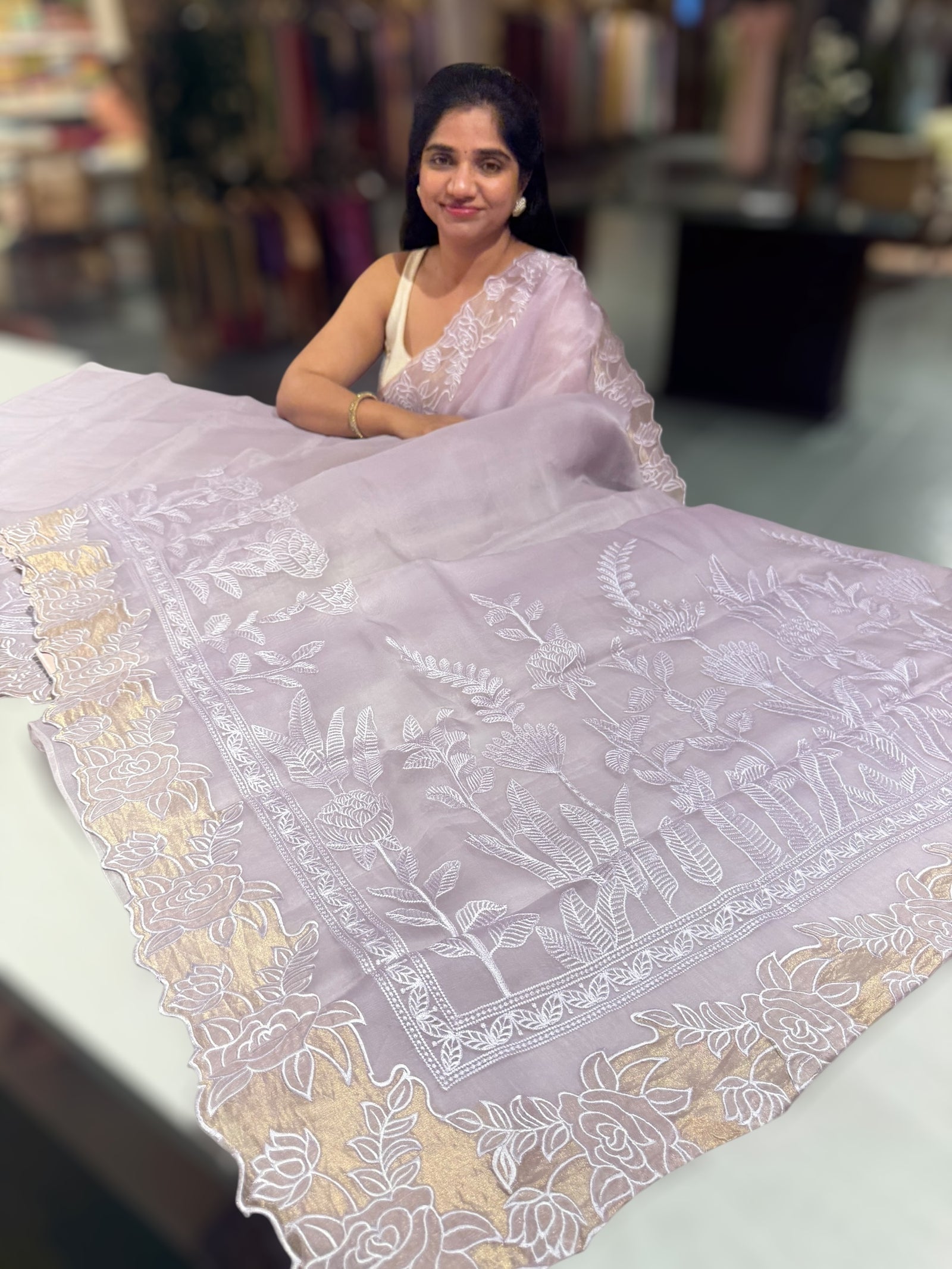 Lilac Organza saree with heavy embroiderey