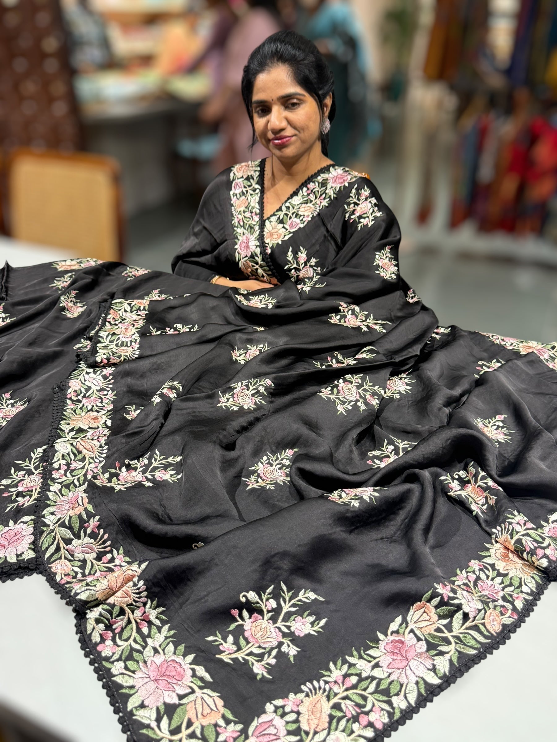Black Satin Saree with Parsi Gara embroidery
