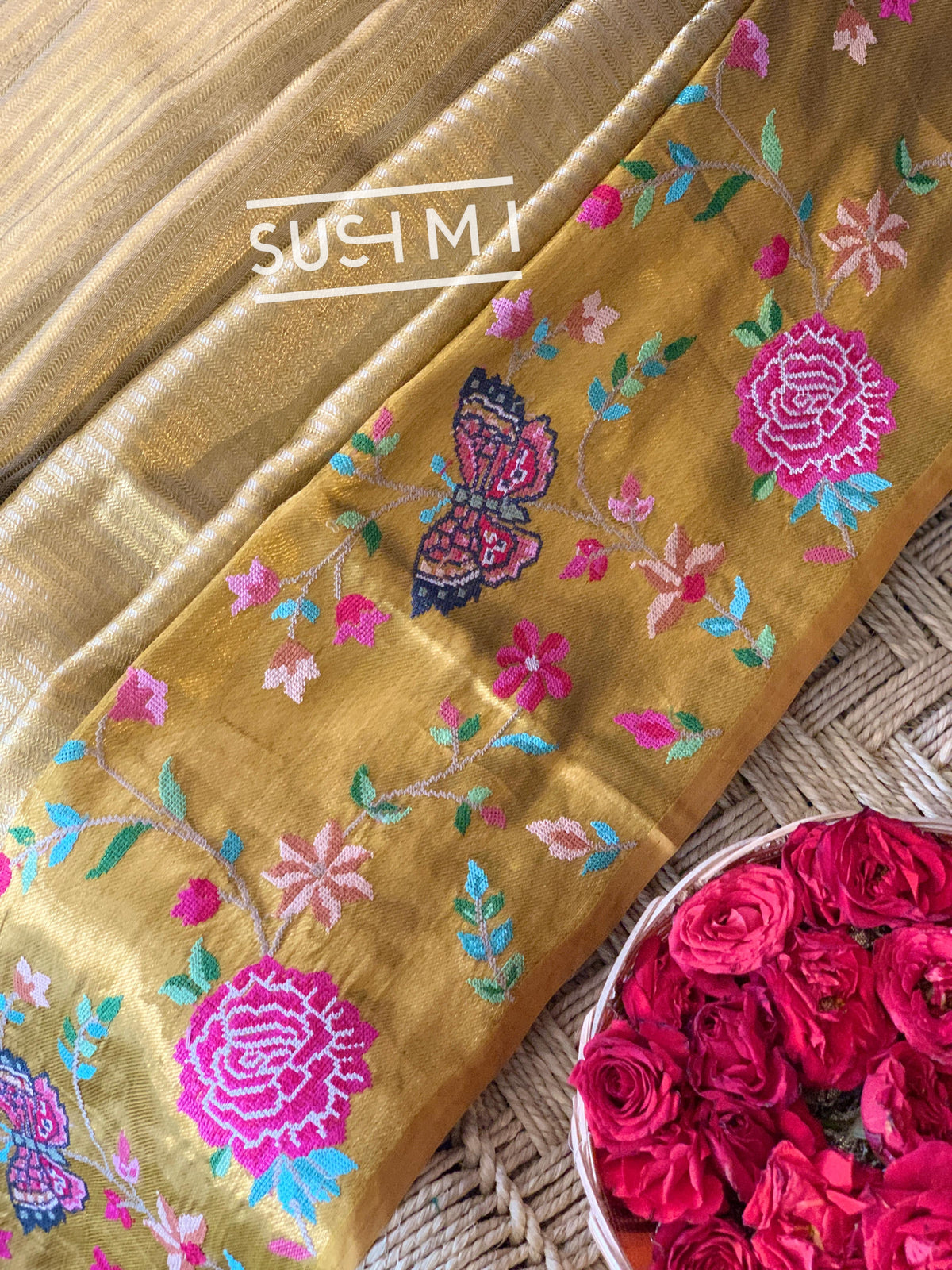 Gold Kanjeevaram Tissue Sareewith petite point embroidery : S62F086
