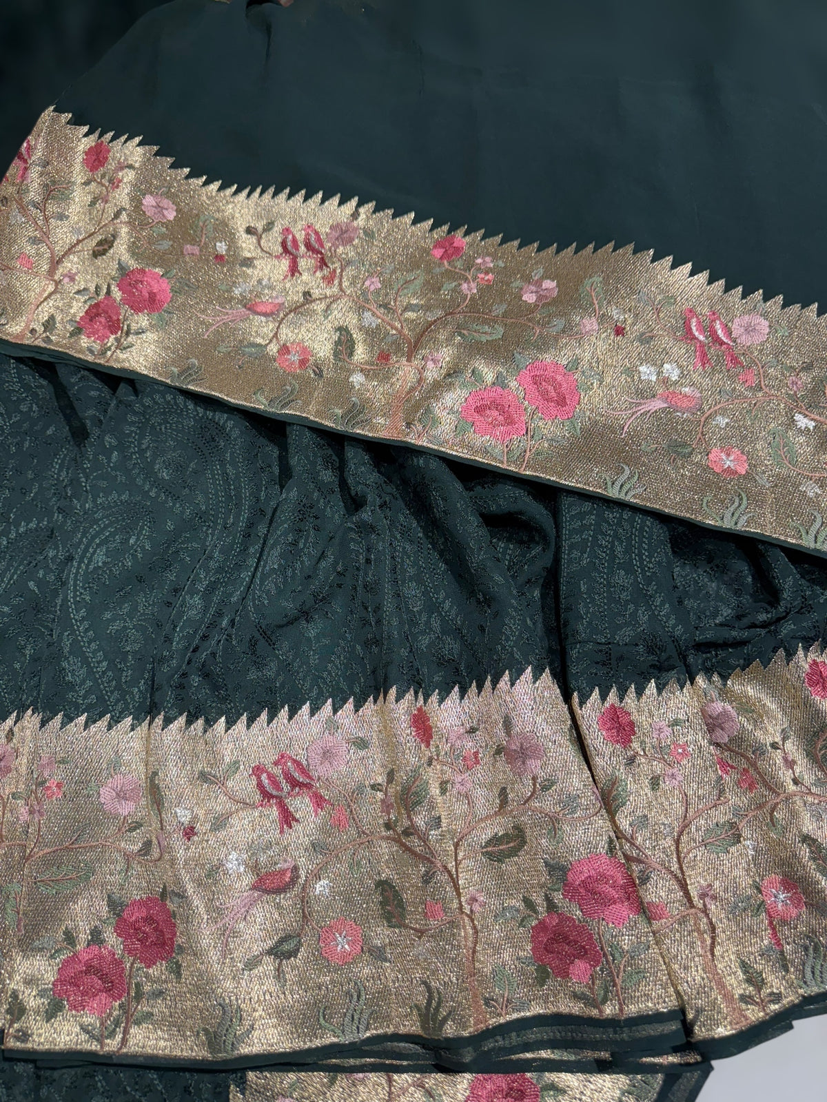 Forest Green Chikankari Georgette Saree with Tissue embroidered Border