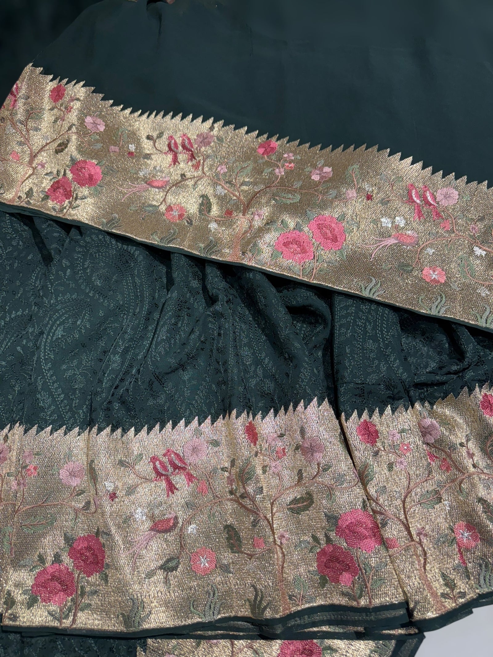 Forest Green Chikankari Georgette Saree with Tissue embroidered Border