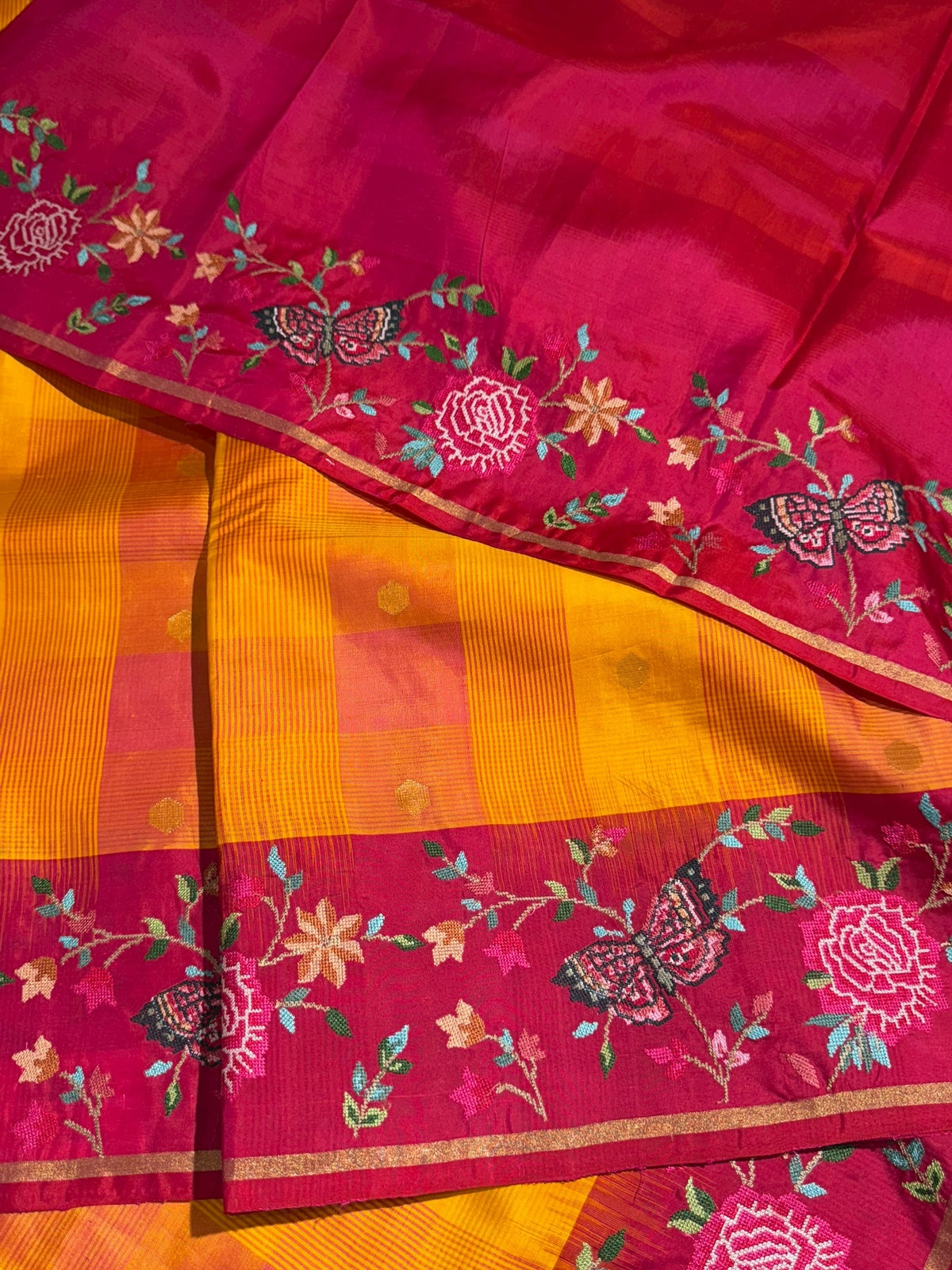 Mustard checks vintage style Kanchi Soft Silk Saree with petite point embroidered border