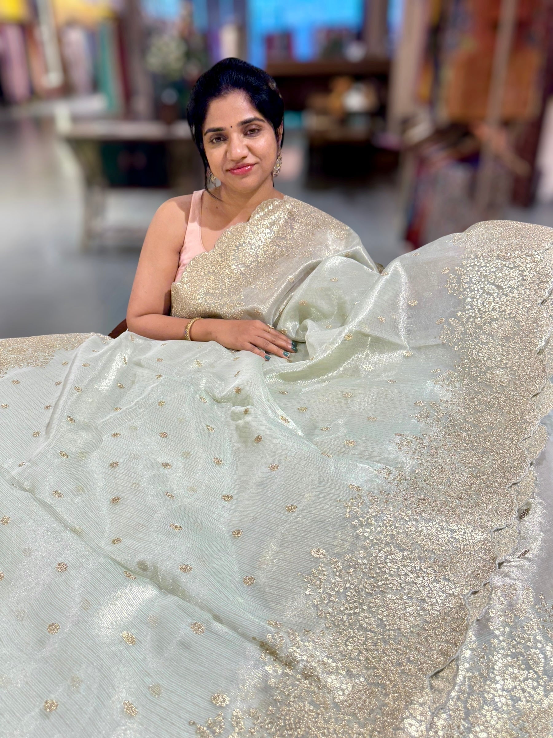 Mint Blue Tissue Saree with Heavy Sequence Embroidered Scallop Border