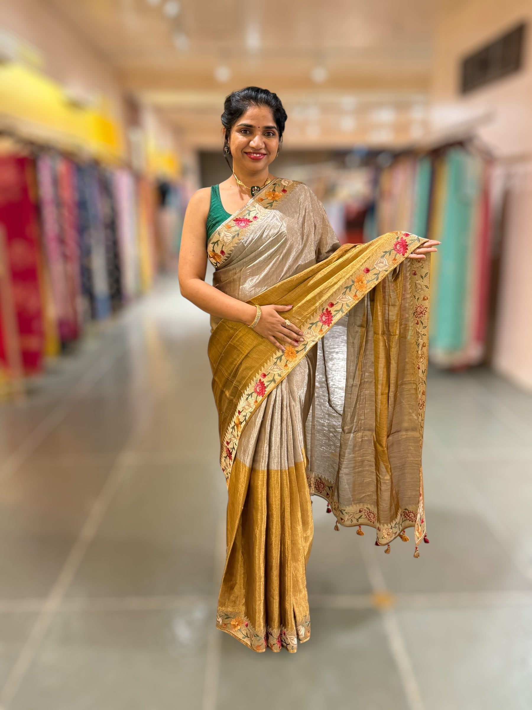 Handloom Tissue Saree with Paithani inspired embroidered border.