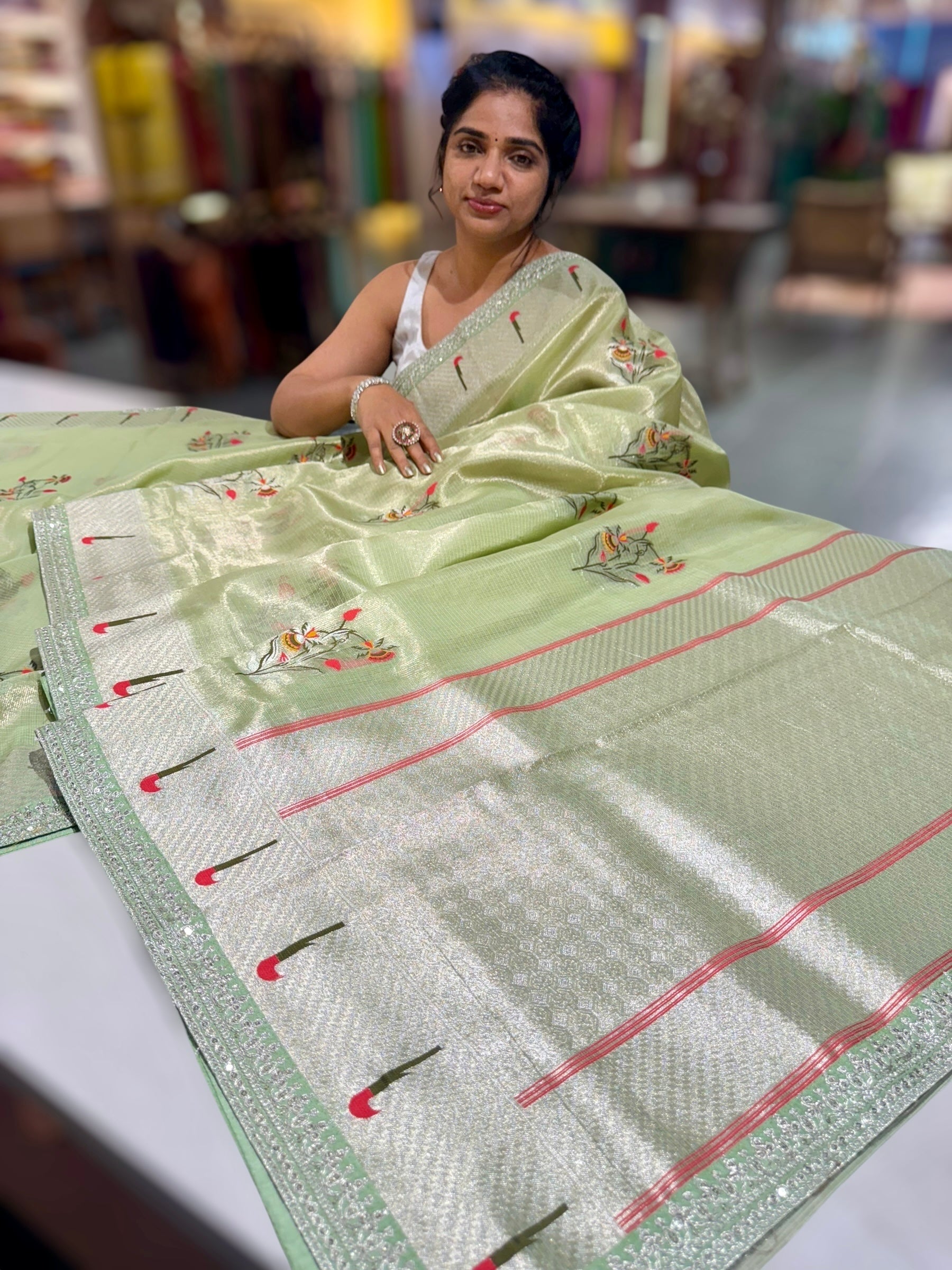 Sea Green Tissue Kota Saree With sabhyasachi Borders and Blouses