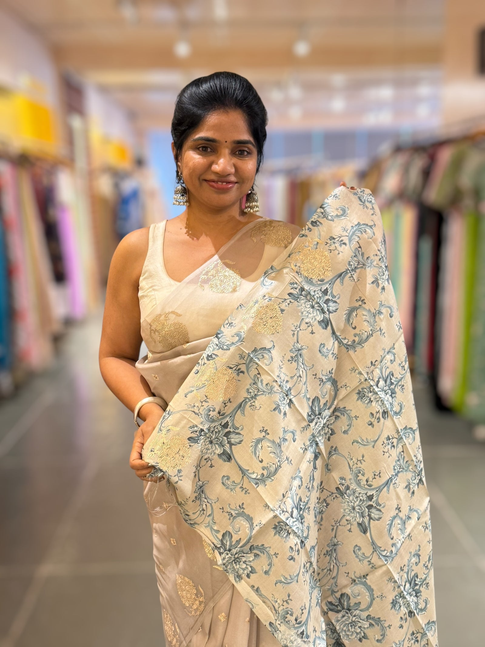 Silverish Tone Pure Organza Saree With Embroidered Motifs & Tussar Printed Blouse