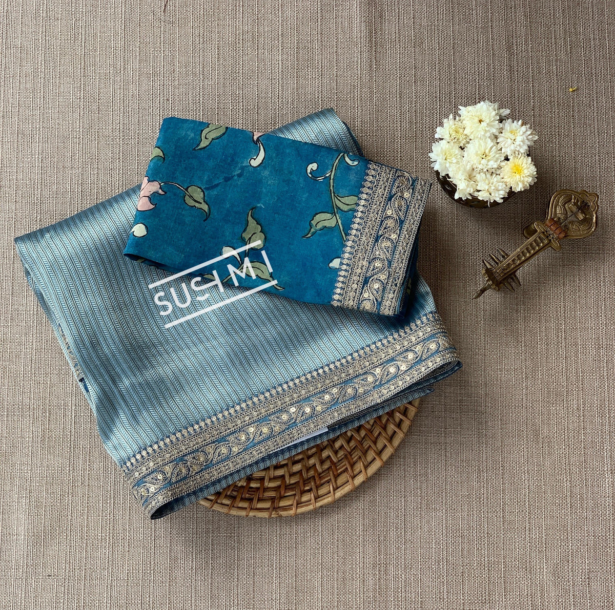 Dusty Blue  Banarasi tonchoi with pen kalamkari Blouse : D62F026