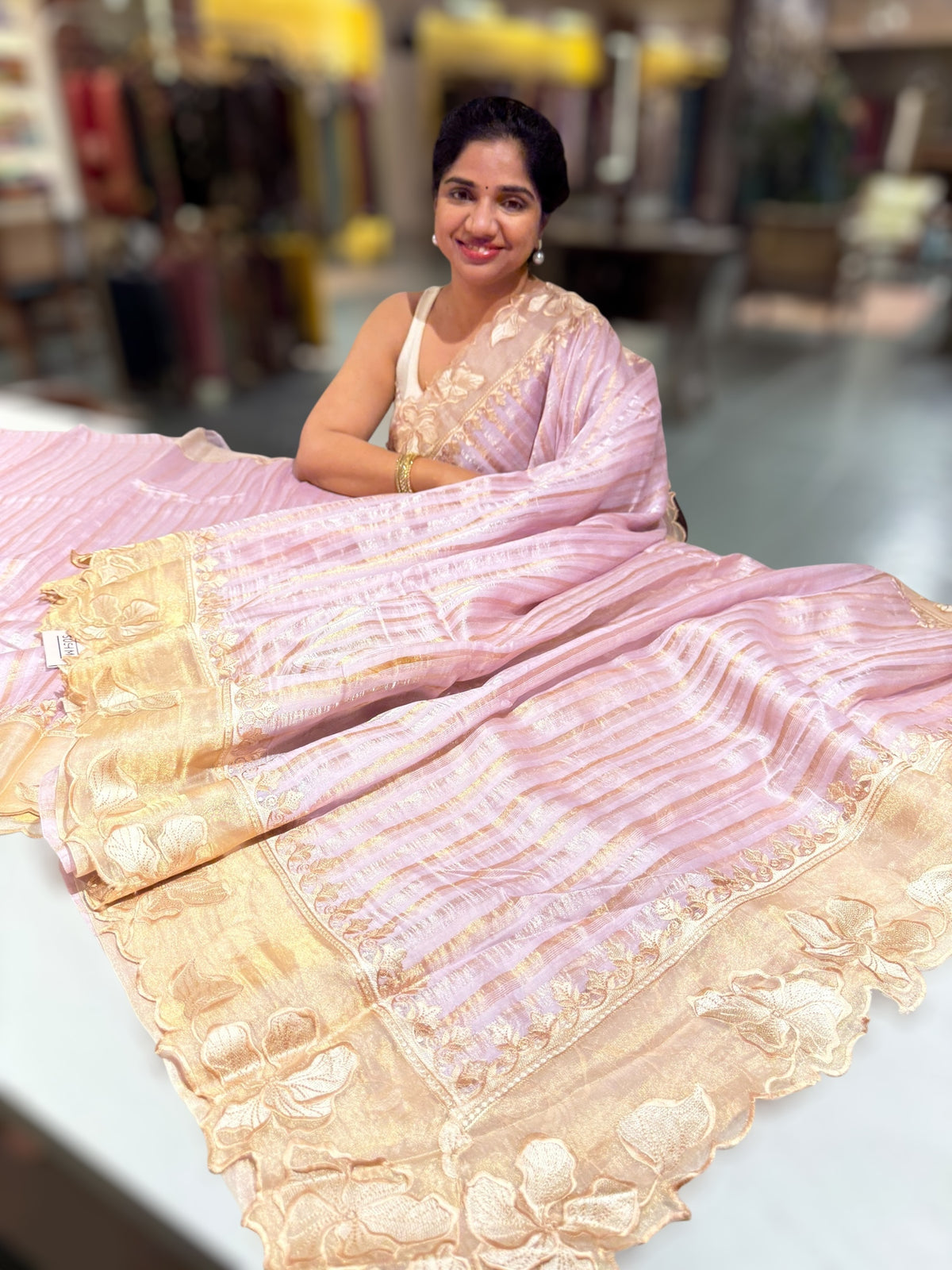 Lilac Mul Tissue Stripes Saree With Tissue Cutwork  Border &amp; Blouse