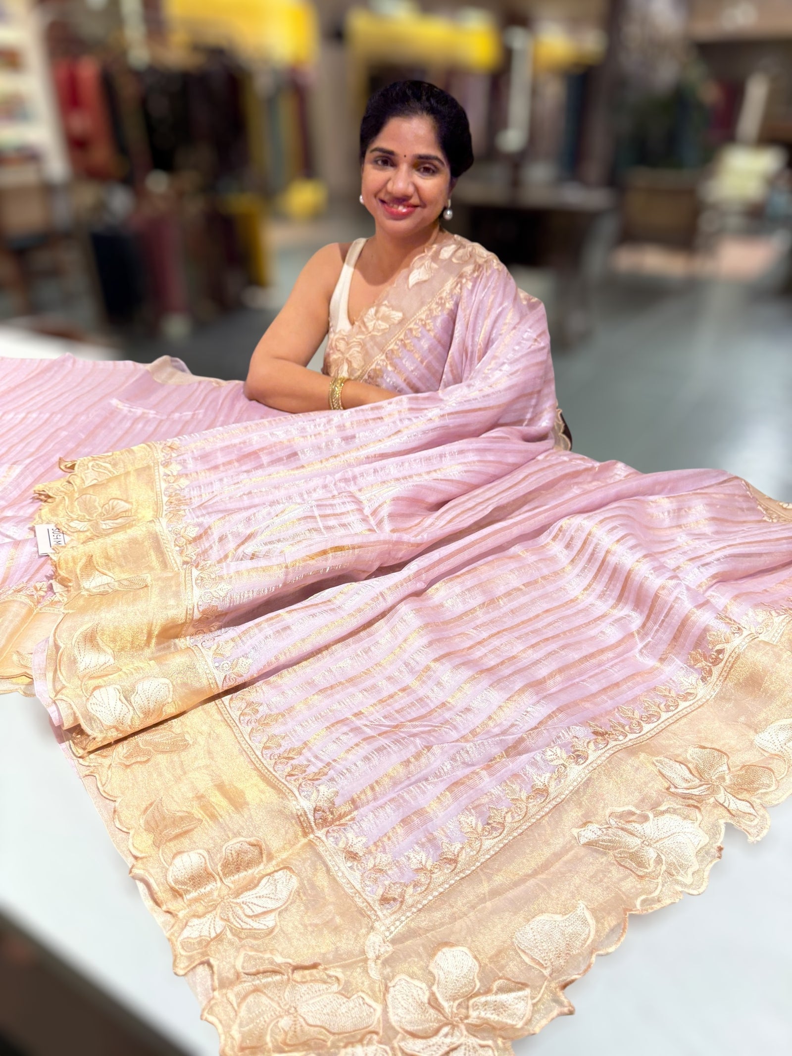 Lilac Mul Tissue Stripes Saree With Tissue Cutwork  Border & Blouse