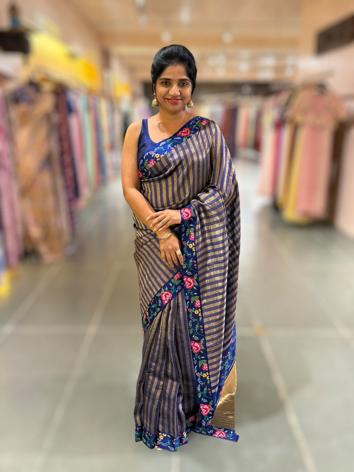 Blue Banarasi Tissue stripes Saree with petite point embroidery