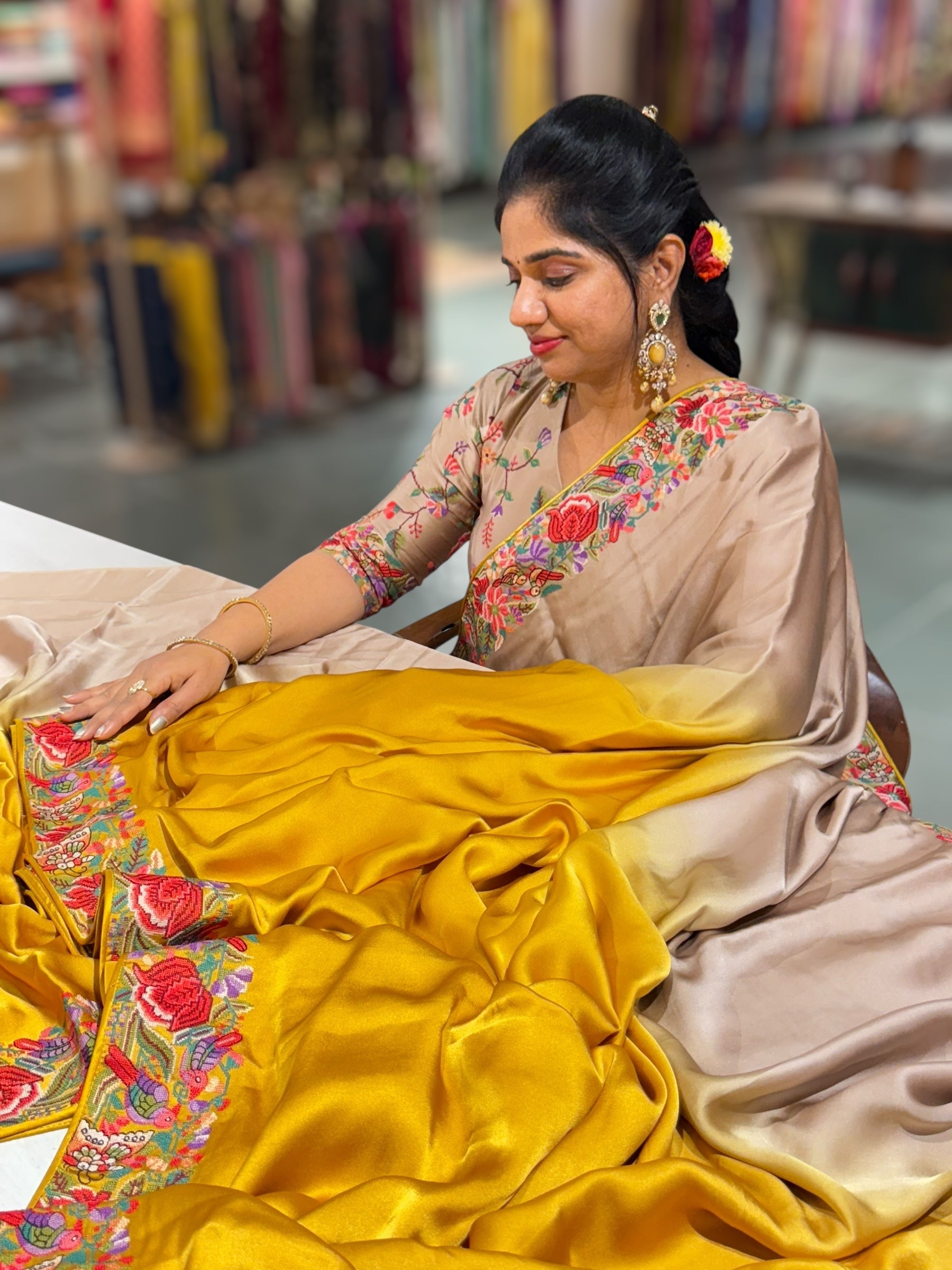 Pure Satin Ombre Dyed Saree with Petite Point Embroidered Border and blouse.
