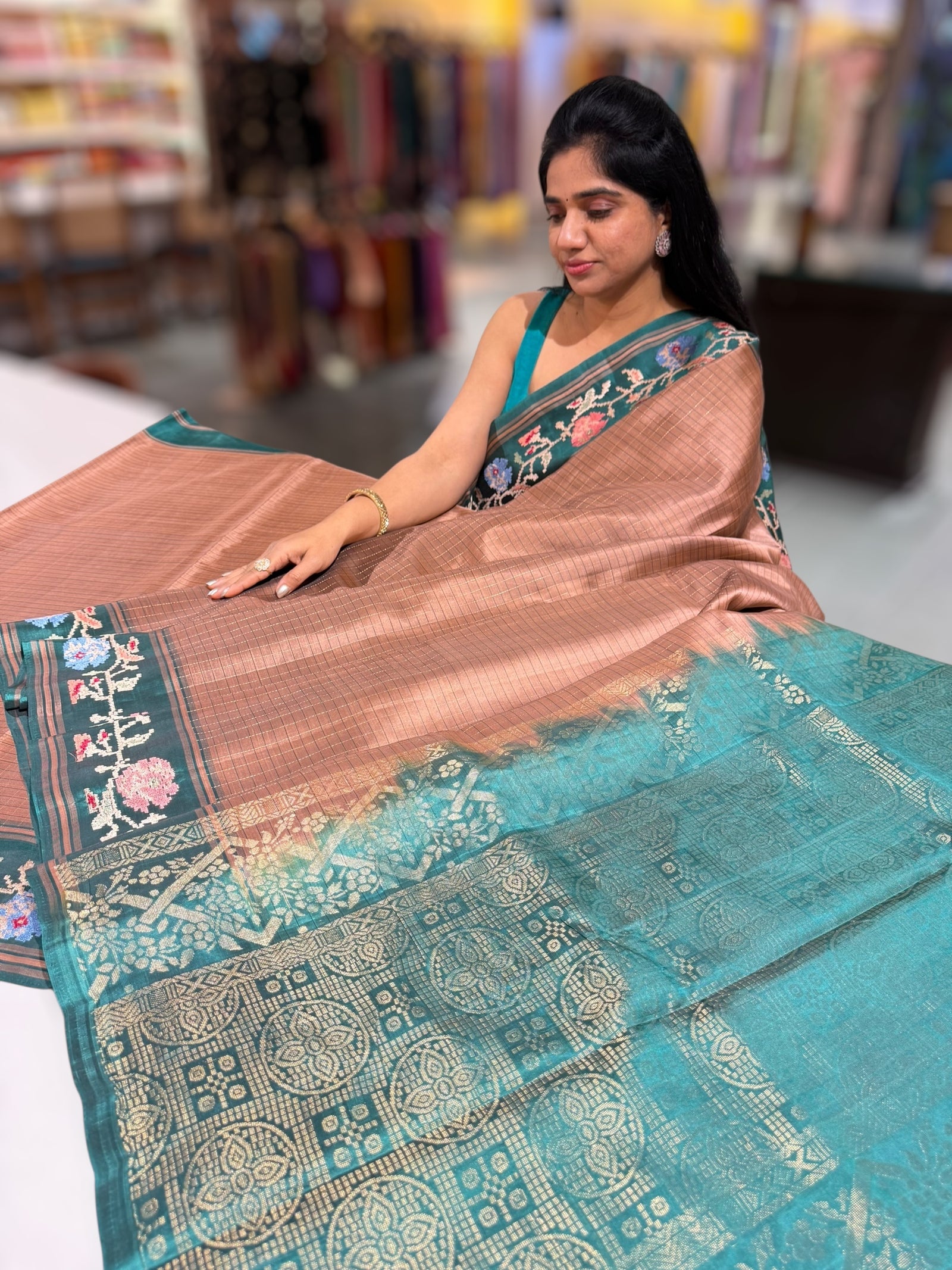 Terracota & Teal Vintage Kanchi soft silk saree with embroidery