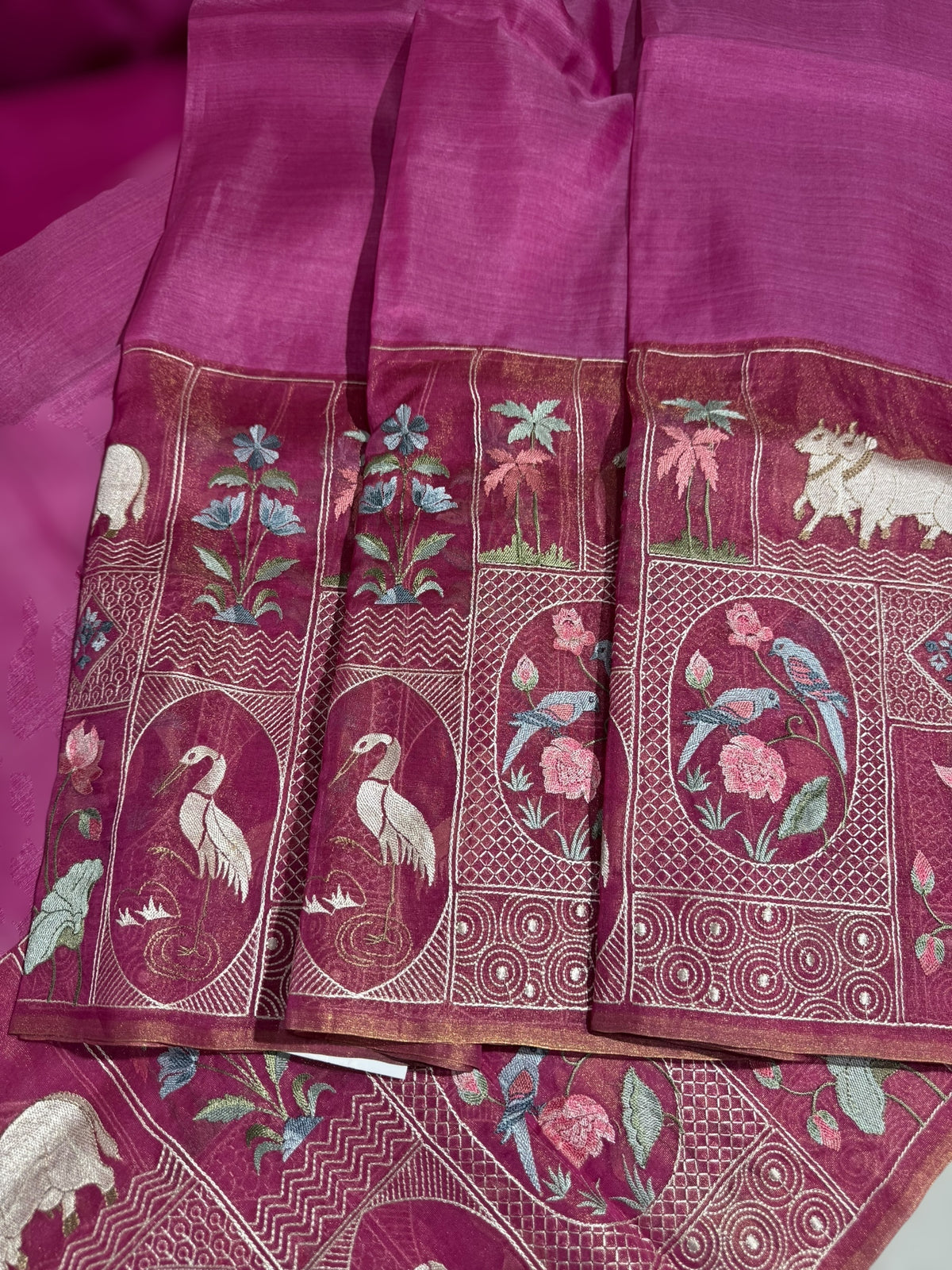 Majenta Pink Kora-Tussar blend Handloom Saree with Tissue embroidered Skirt Border