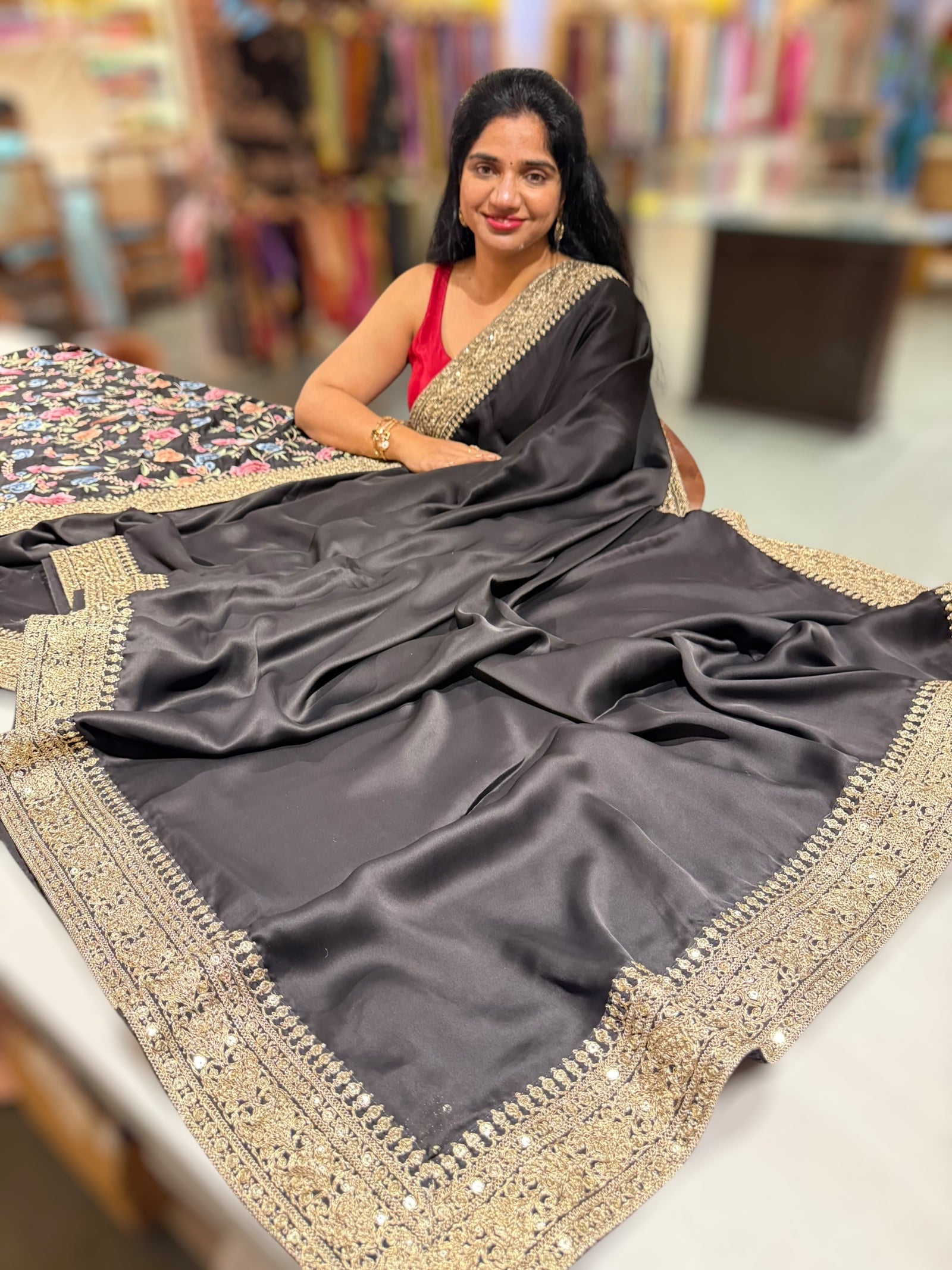 Black Pure Satin Saree with Sabhyasachi Borders