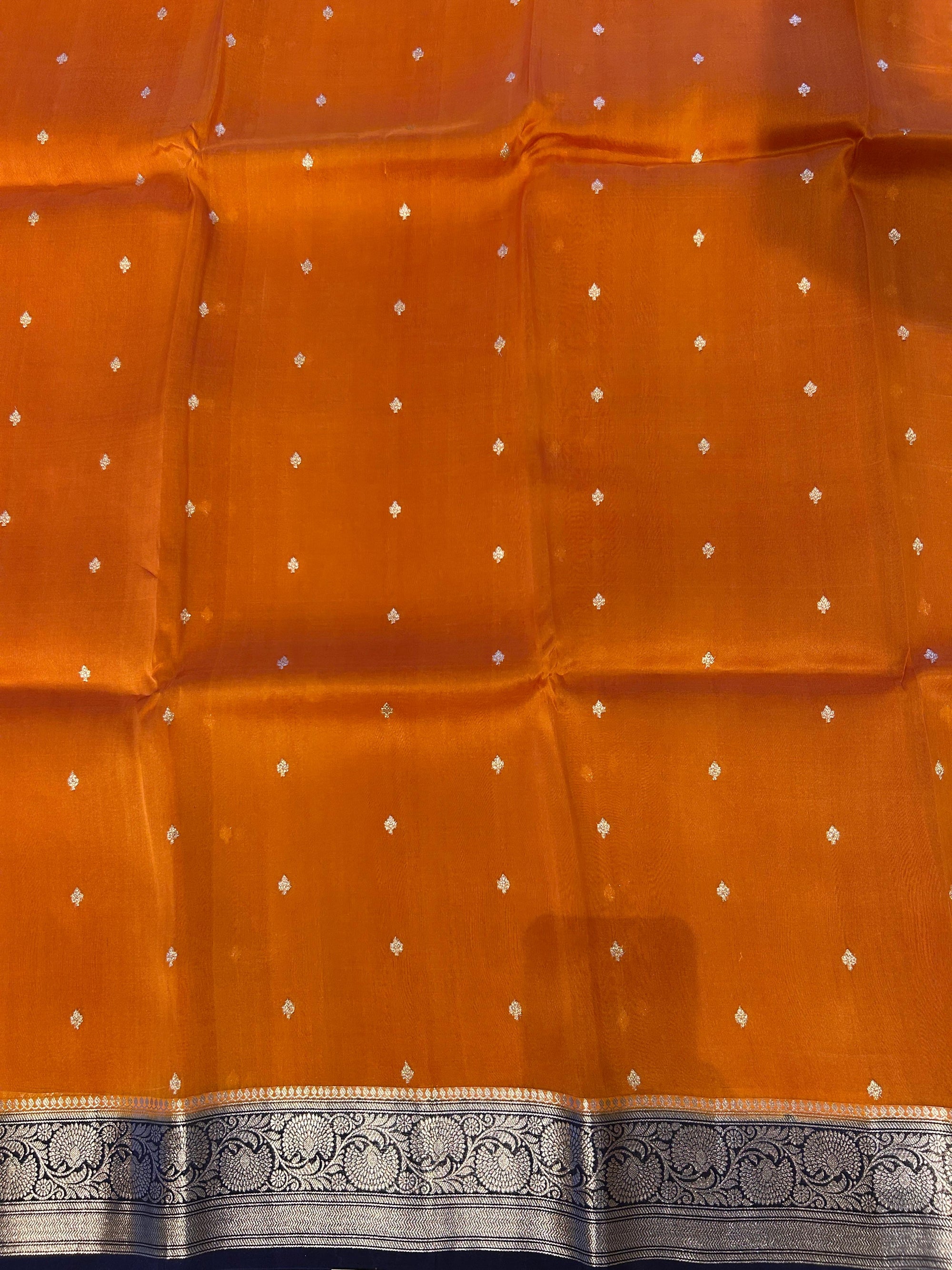 Rust with navy Combo Pure Handloom premium Kora Banarasi Saree