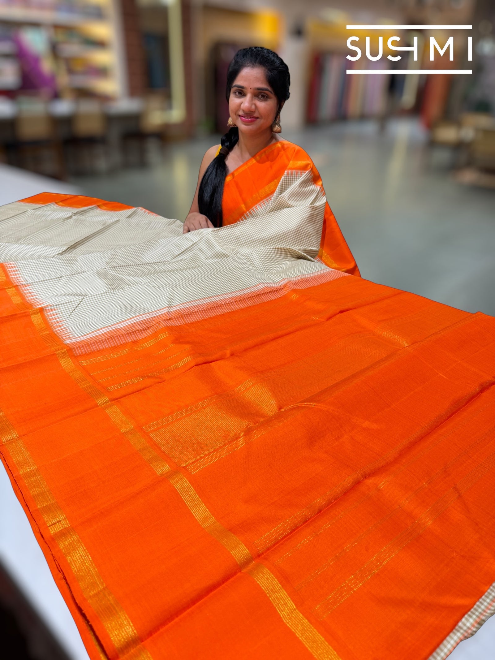 Ivory vintage checks kanjeevaran saree: S62F155