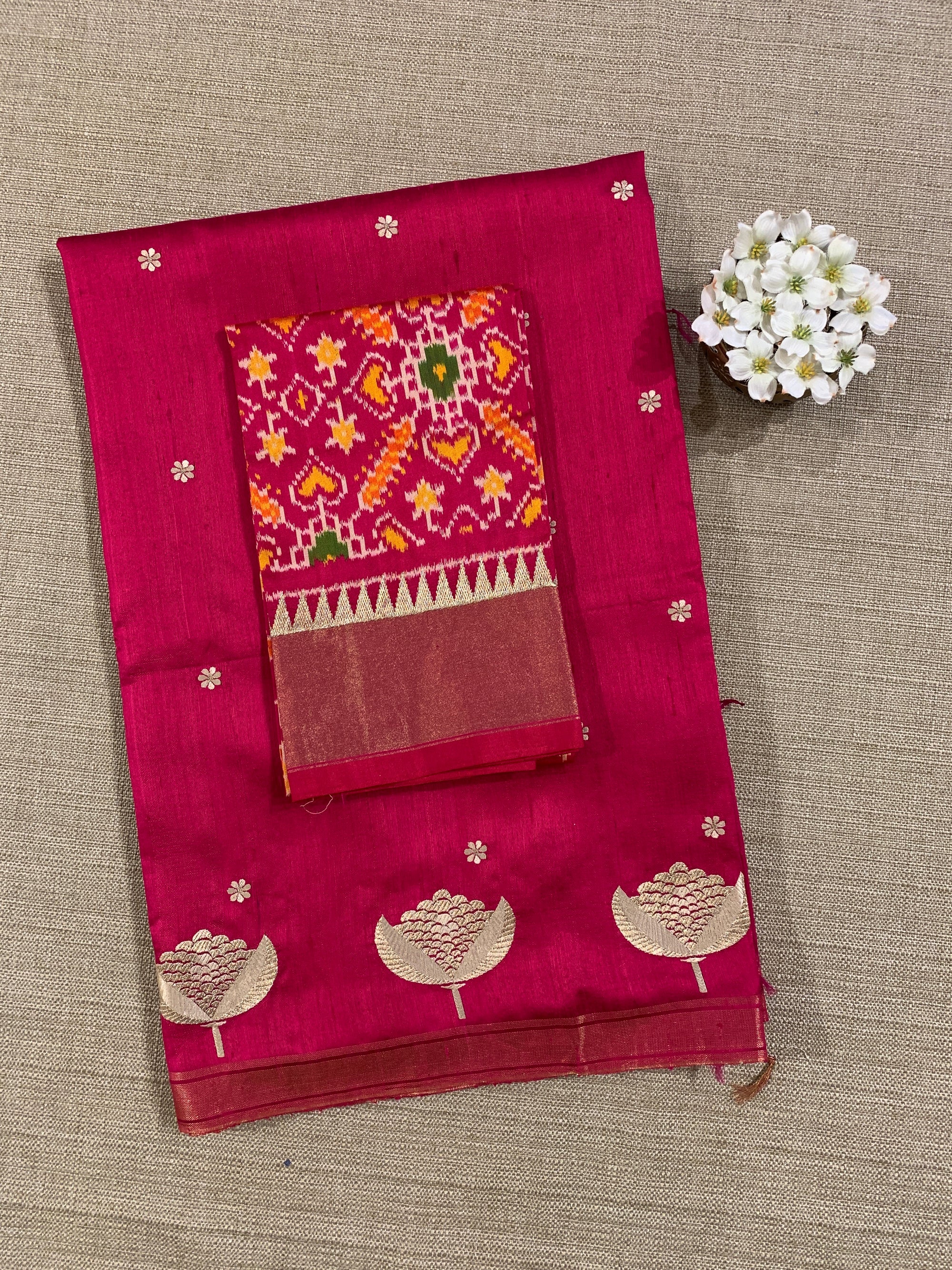 Dark Pink Pure Handloom Raw Silks Saree