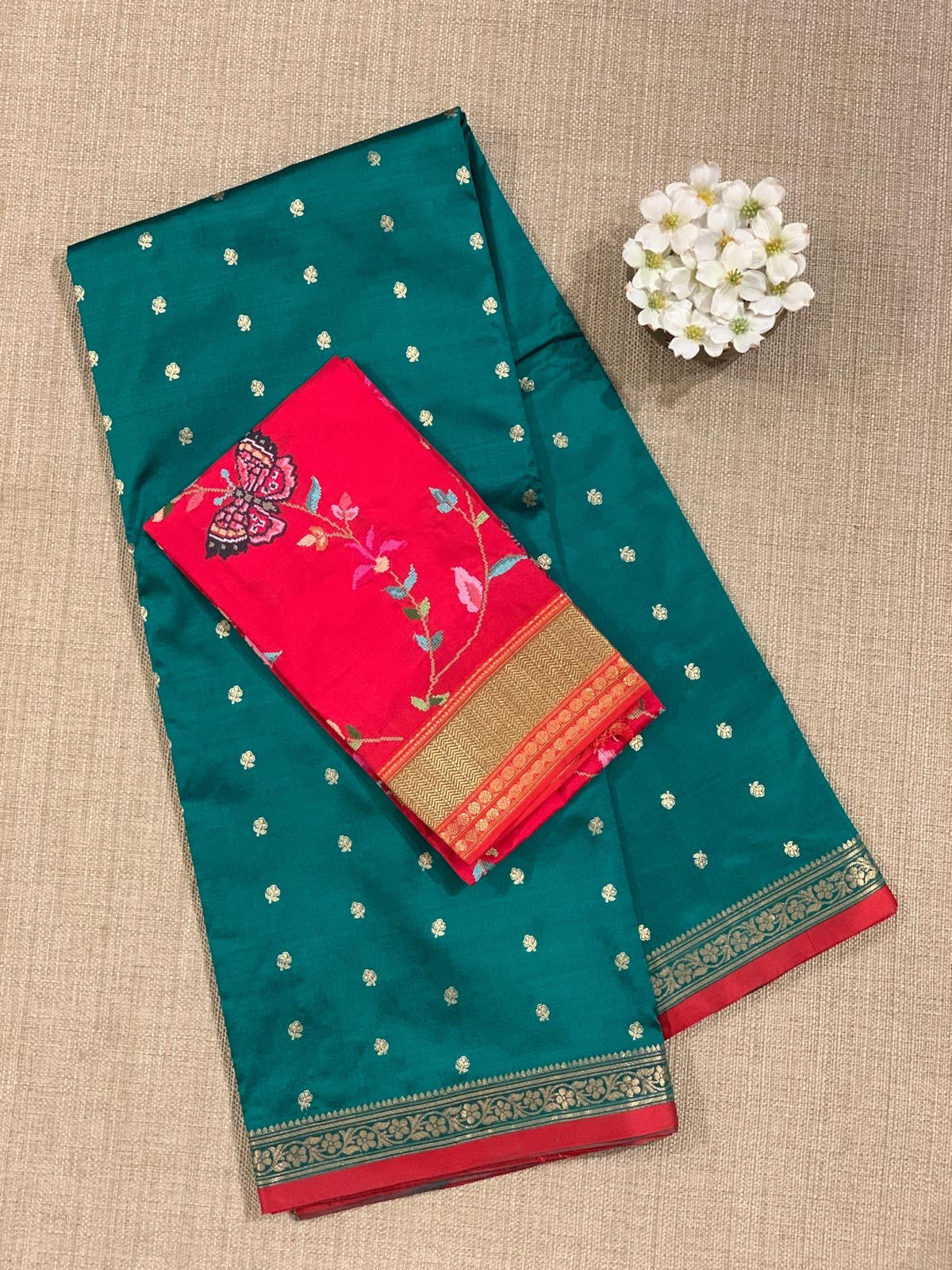 Banarasi Katan Silk Saree With Petite Point Embroidered Silk Blouse