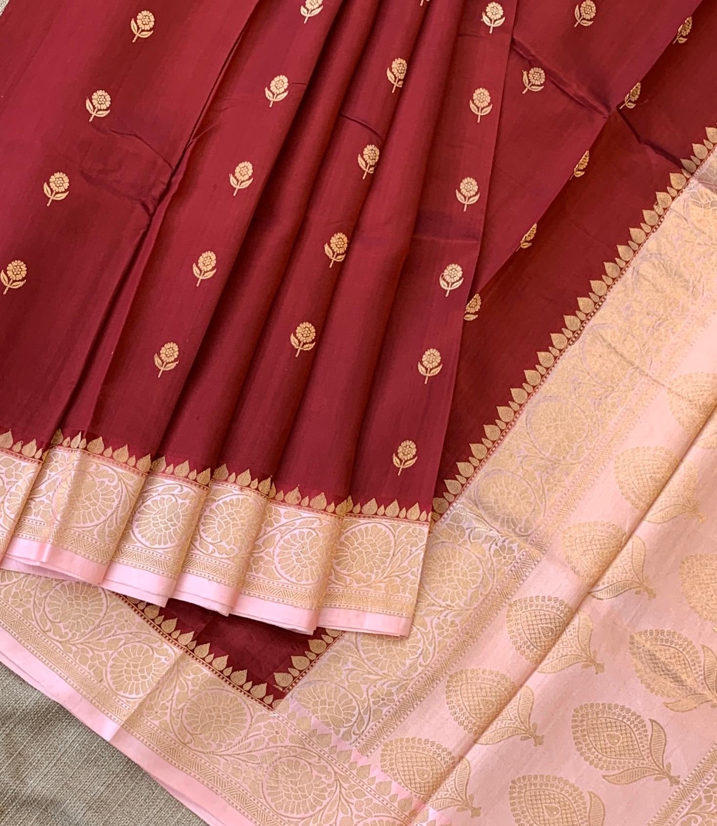 Meroon & Pink Combo Raw Mangoe Silk Saree with kaduwa woven motifs.