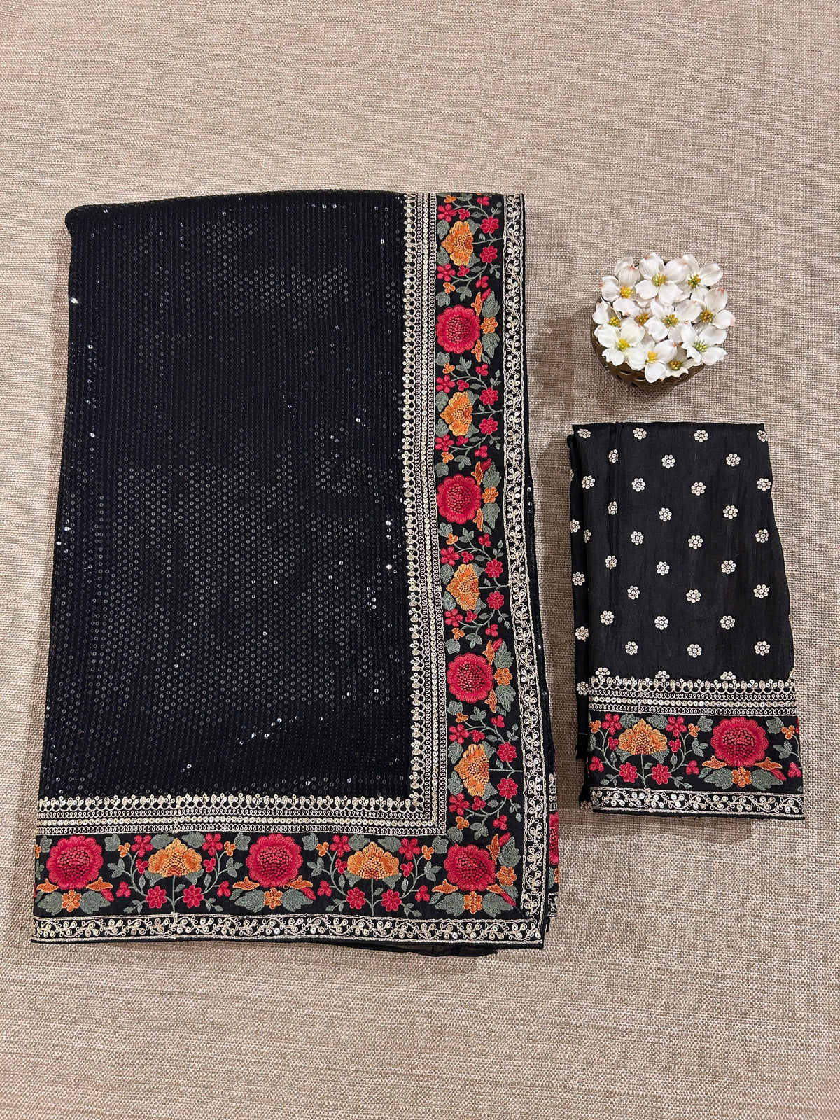 Black Georgette sequnce Saree with Sabyasachi borders and Blouse