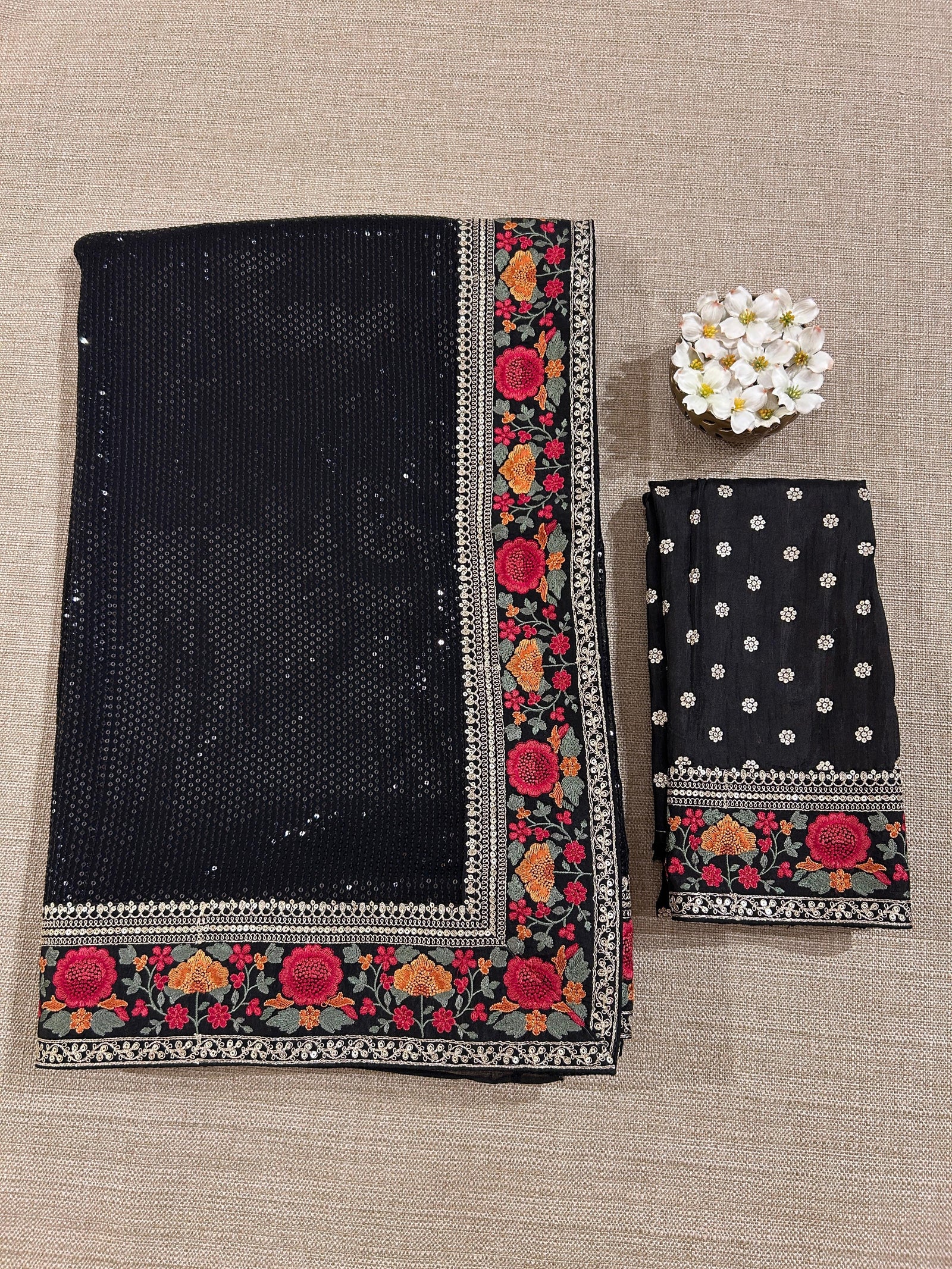 Black Georgette sequnce Saree with Sabyasachi borders and Blouse