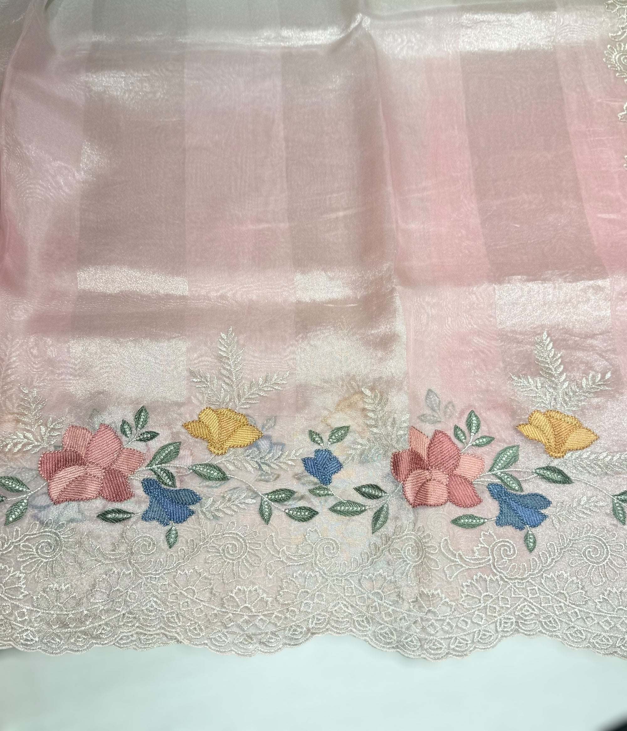 Pastel Pink & Silver Ombre dyed Tissue Saree with Cutwork embroidered Borders