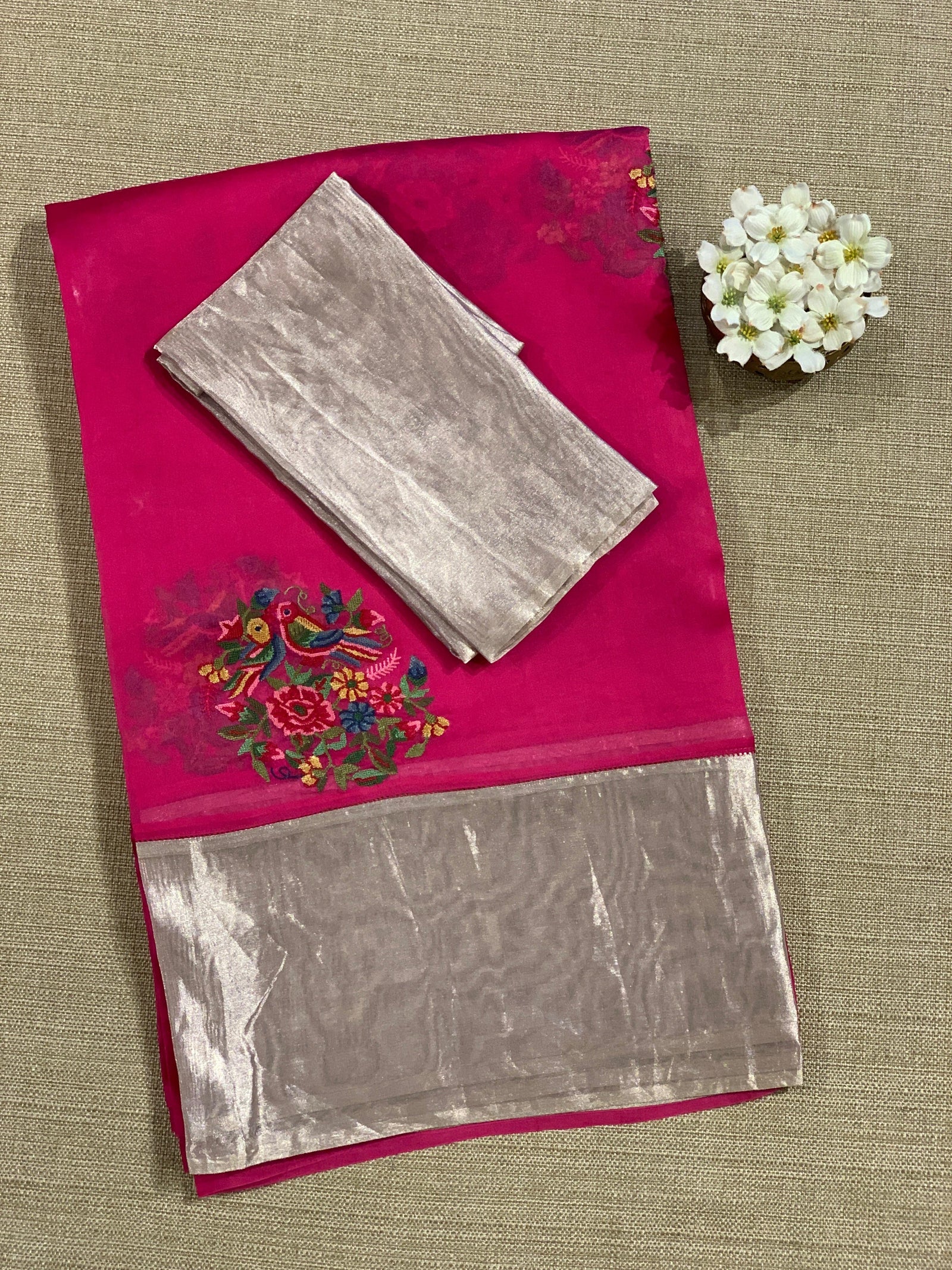 Rani Pink Organza Saree with pure Tissue Border
