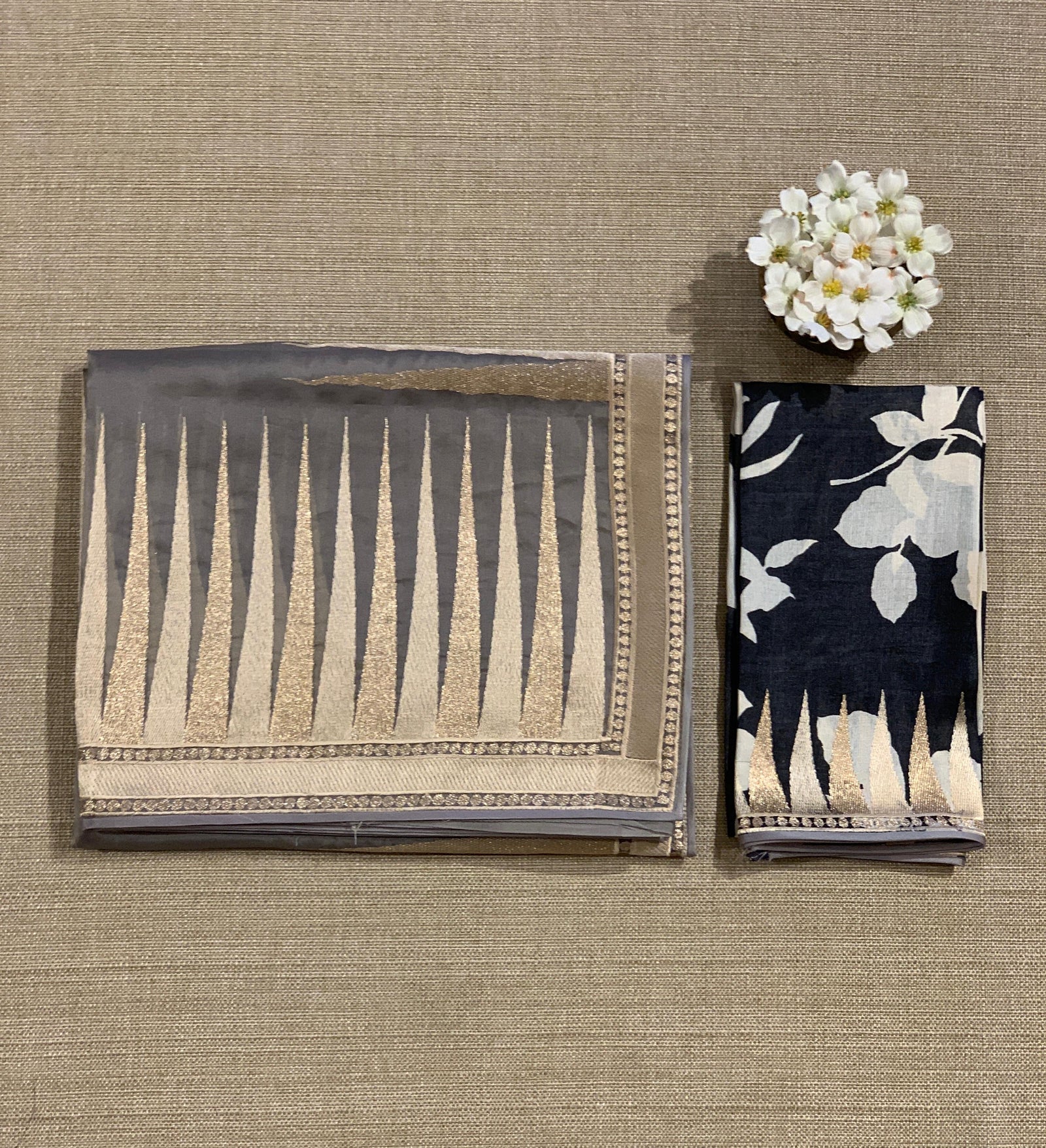 Grey Pure Organza With Temple Embroidered Border & Tussar Printed Blouse