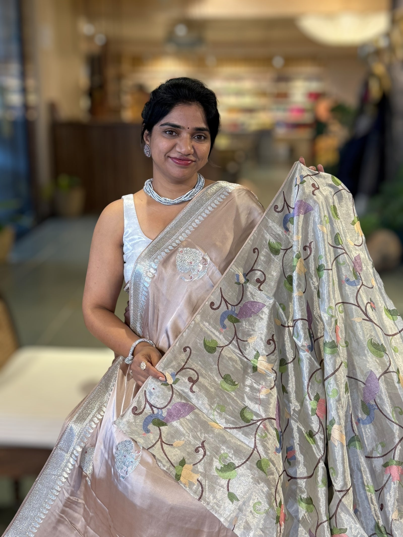 Nude Satin Saree with Embroidery.