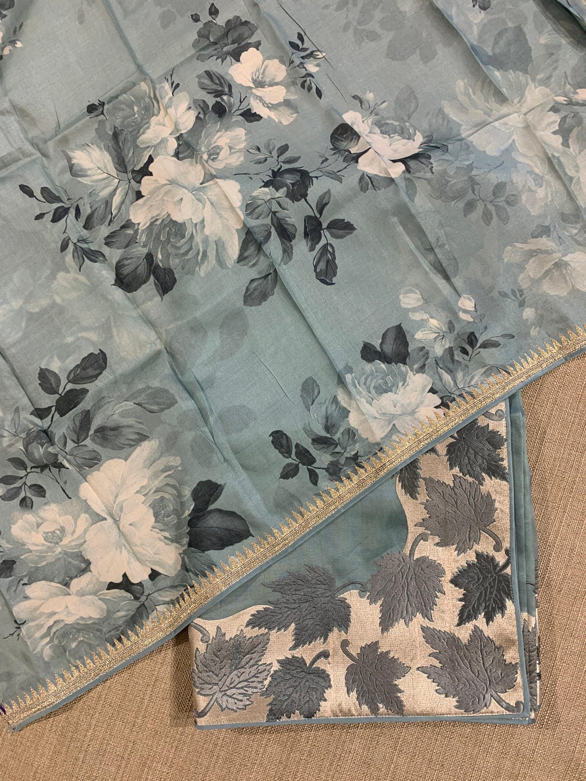 Dark Powder Blue Organza Saree with Stunning Leaf Embroidered Border