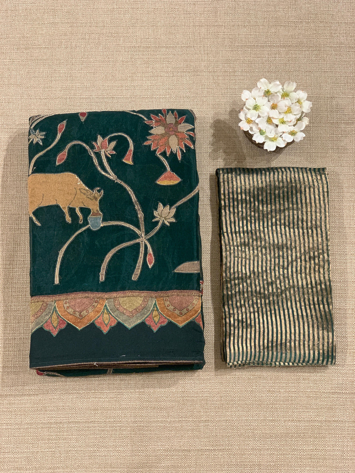 Bottle Green Designer Organza Saree with Stunning Tissue Applique work Saree with village theme