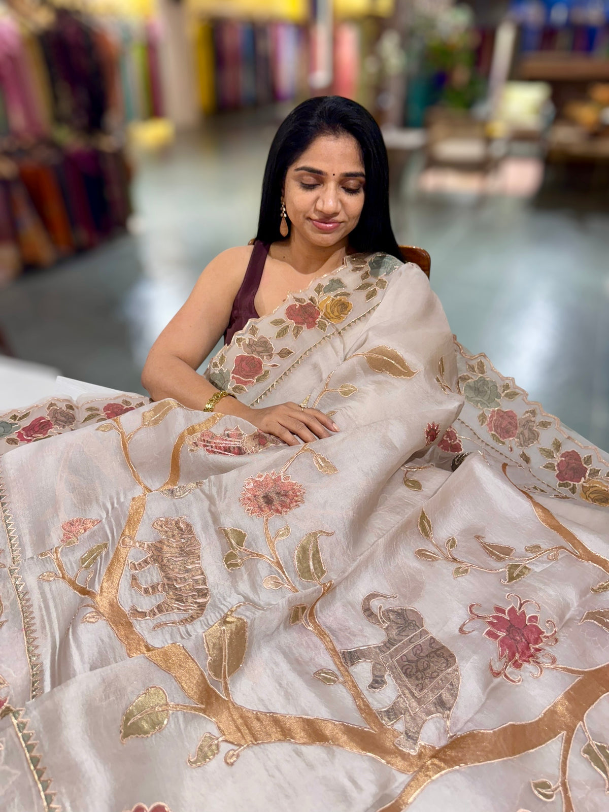 Earthy Tone Pure Organza Applique Work Saree