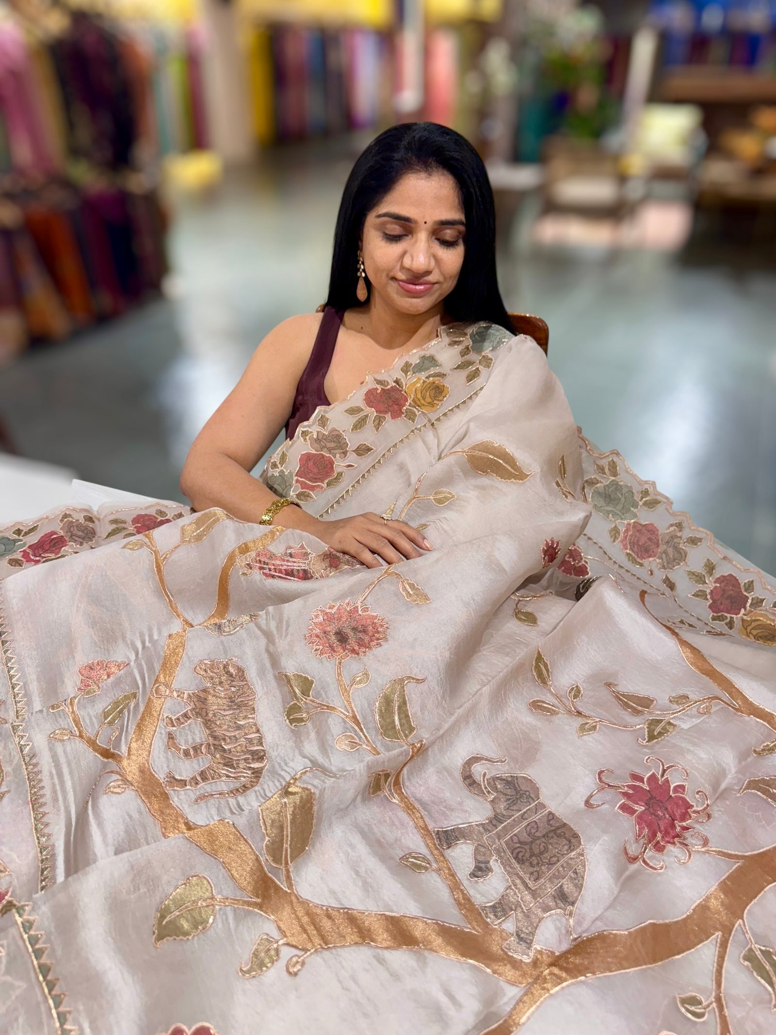 Earthy Tone Pure Organza Applique Work Saree