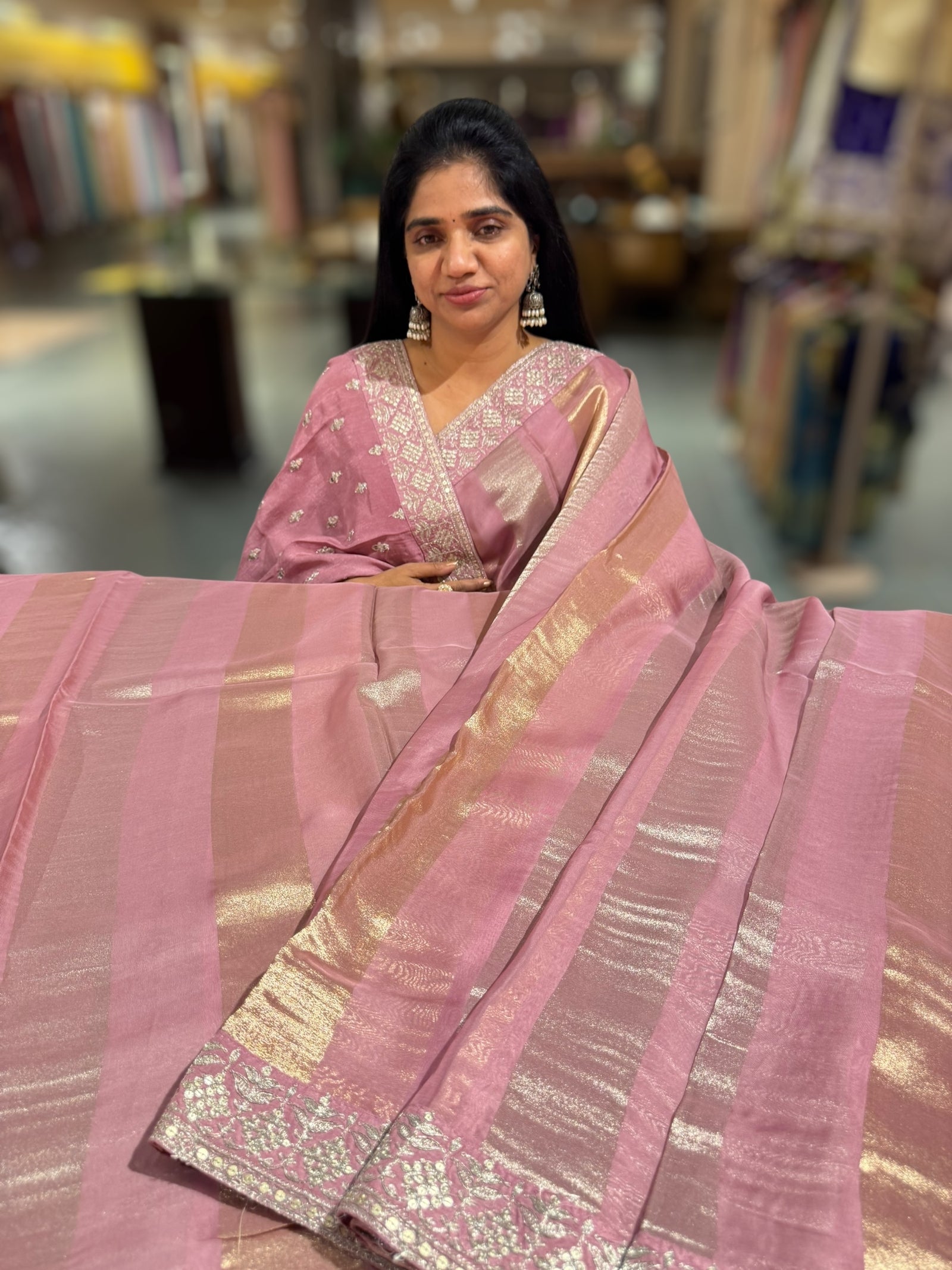 Onion Pink Kora tissue stripes saree