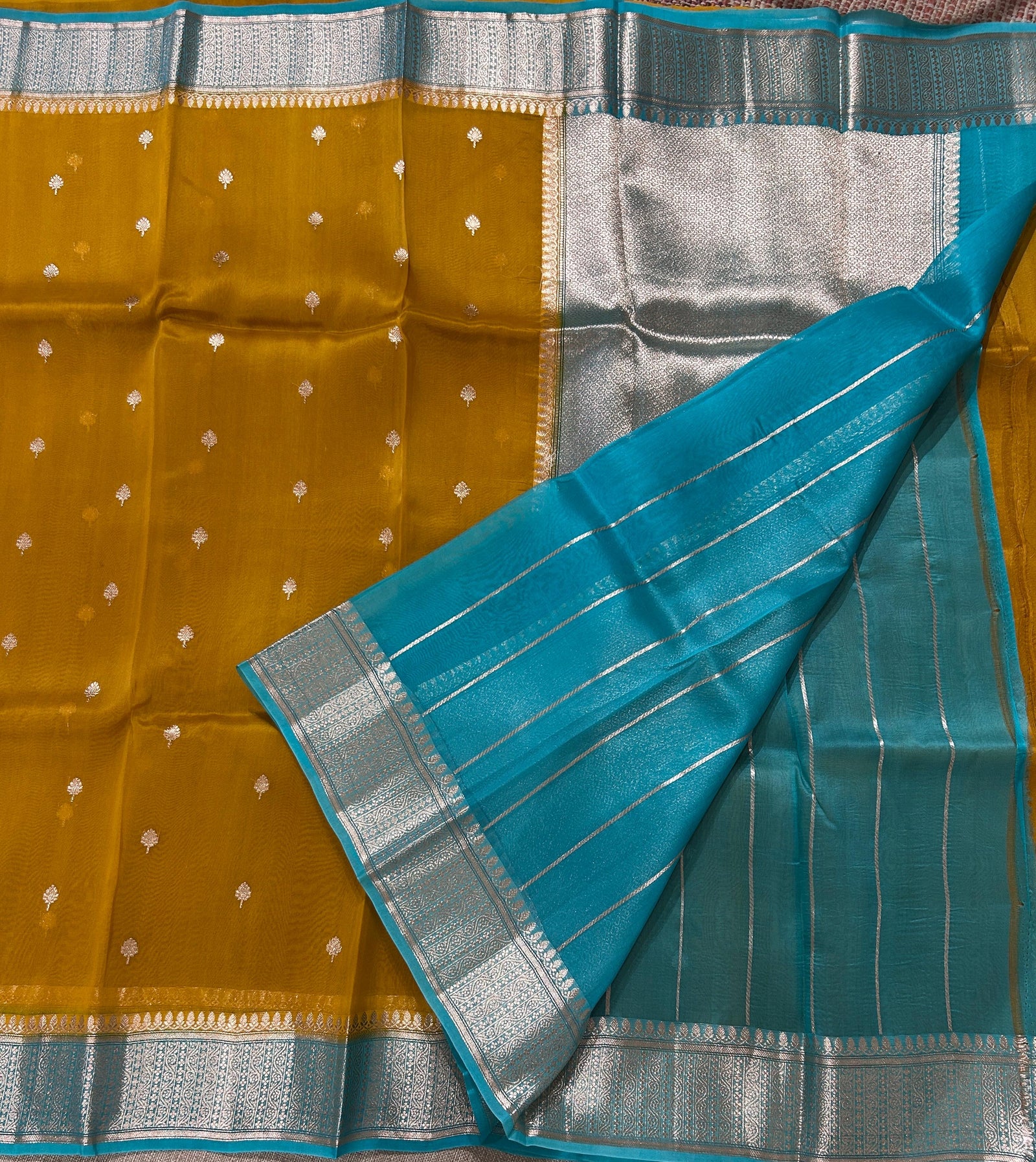 Mustard with Blue Pure Handloom premium Kora Banarasi Saree