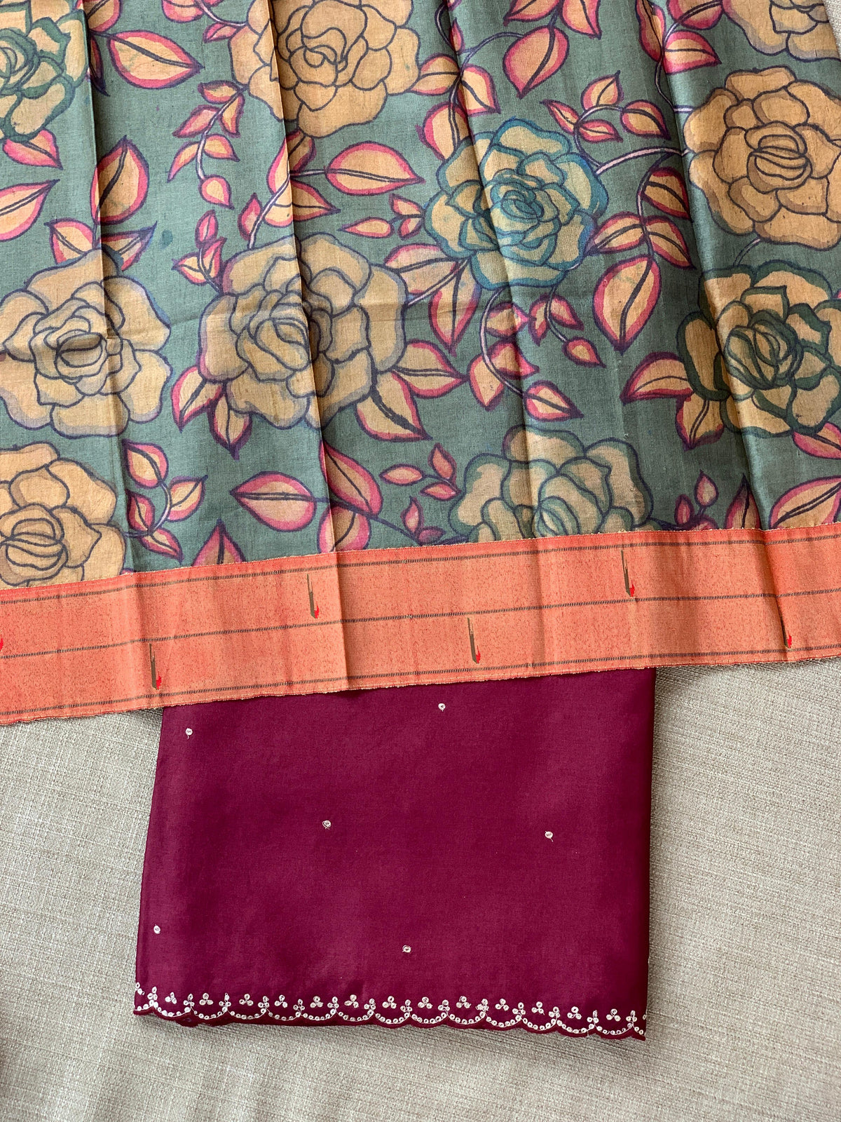 Burgundy Tussar with fusion blouse